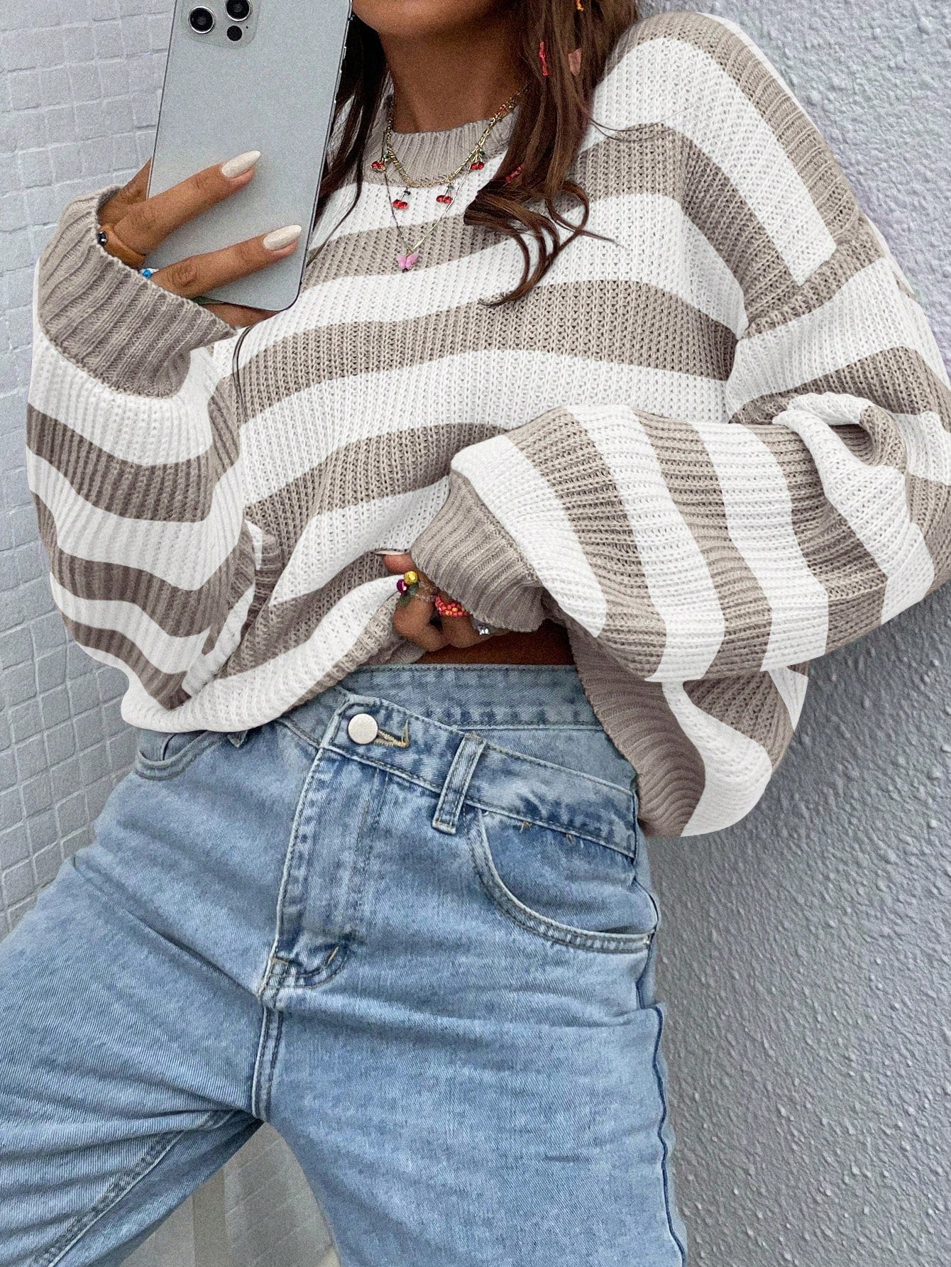 SoleilVie Striped Pattern Drop Shoulder Sweater,Long Sleeve Tops Knit Pullover Fall Winter Sweater