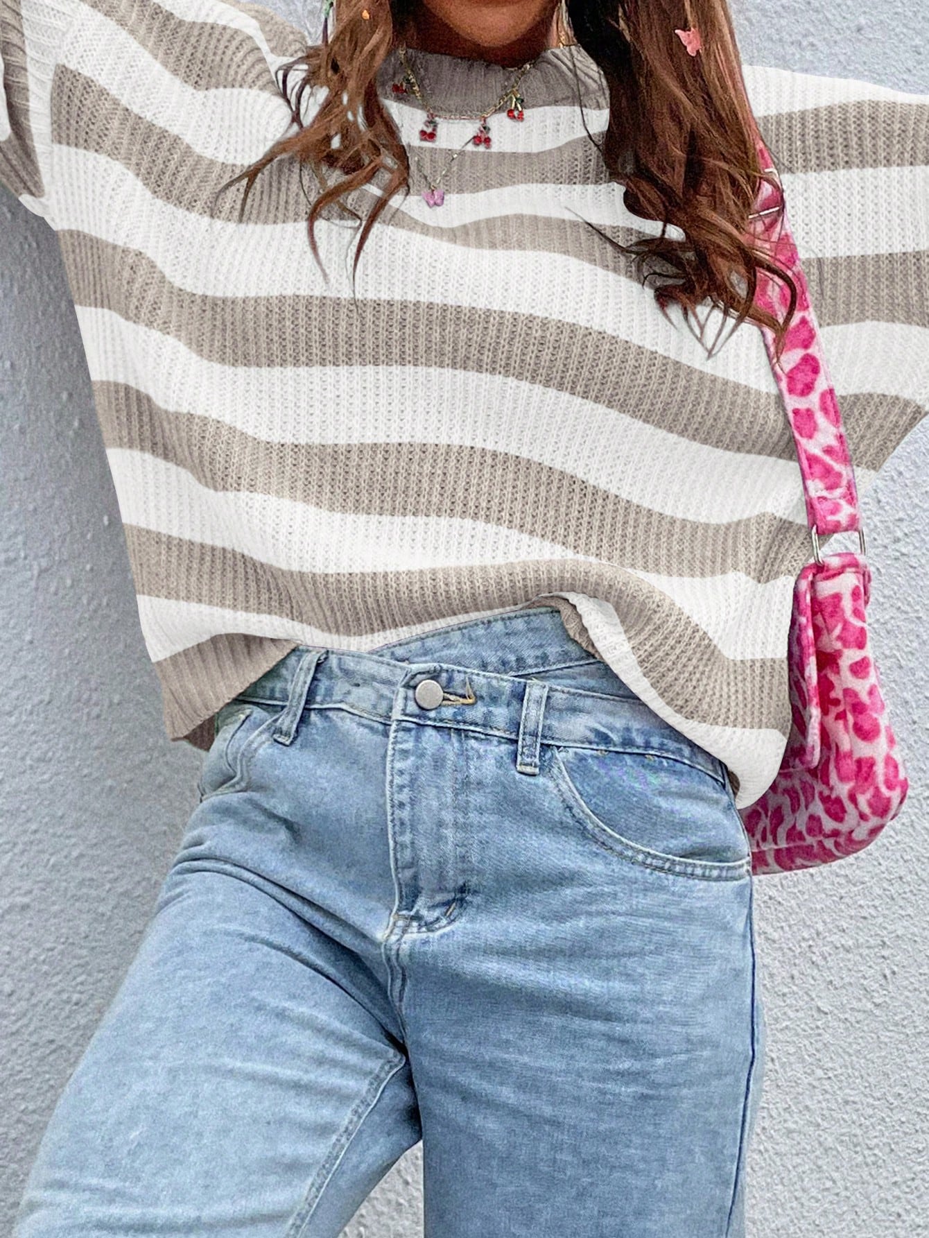 SoleilVie Striped Pattern Drop Shoulder Sweater,Long Sleeve Tops Knit Pullover Fall Winter Sweater