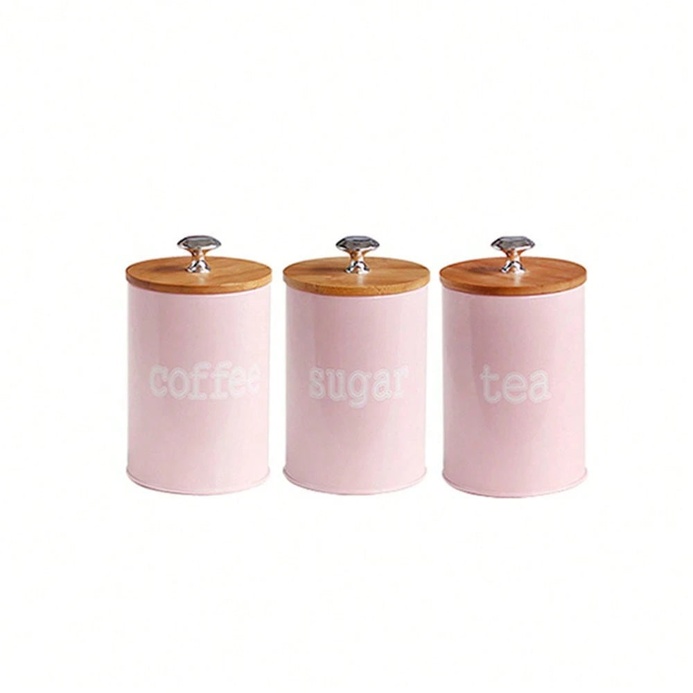 3pcs/Set Storage Tanks Dust-Proof Bamboo Cover Utensils Multifunction Box Tea Coffee Sugar Box Case Househould Can Bottle Mason Candle Jars With Lid Pink Tea Accessories Coffee Accessories Kitchen Stuff