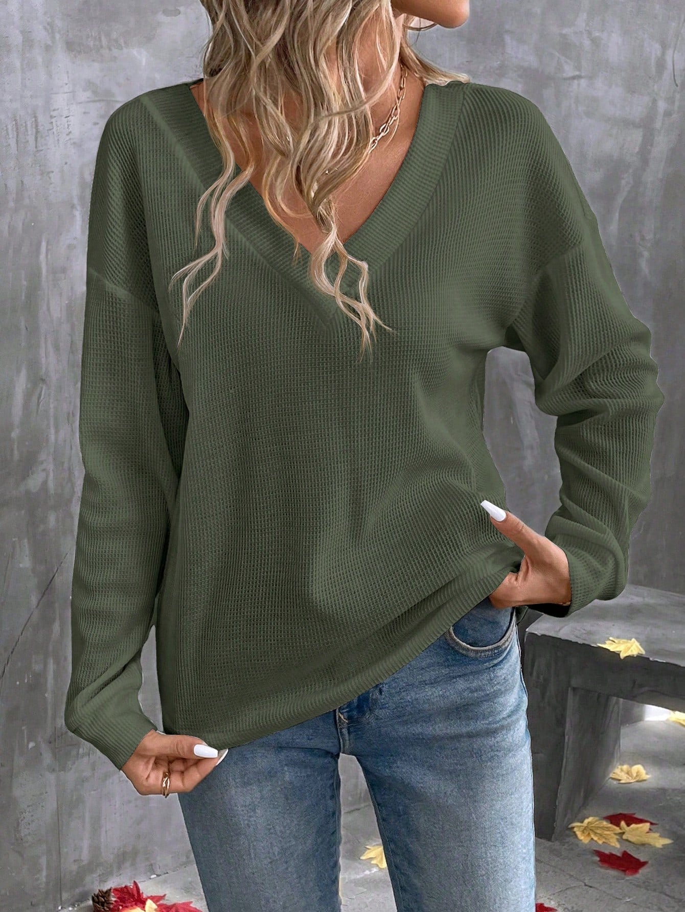 EMERY ROSE Women's Solid Color V-Neck Casual Versatile Long Sleeve T-Shirt Fall Cloth For Women