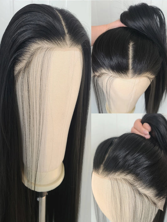 13"X4" 24" Straight Black Color Lace Front Wig For Women - Heat Resistant Synthetic Hair, Pre-Plucked Natural Hairline And Youthful Hair