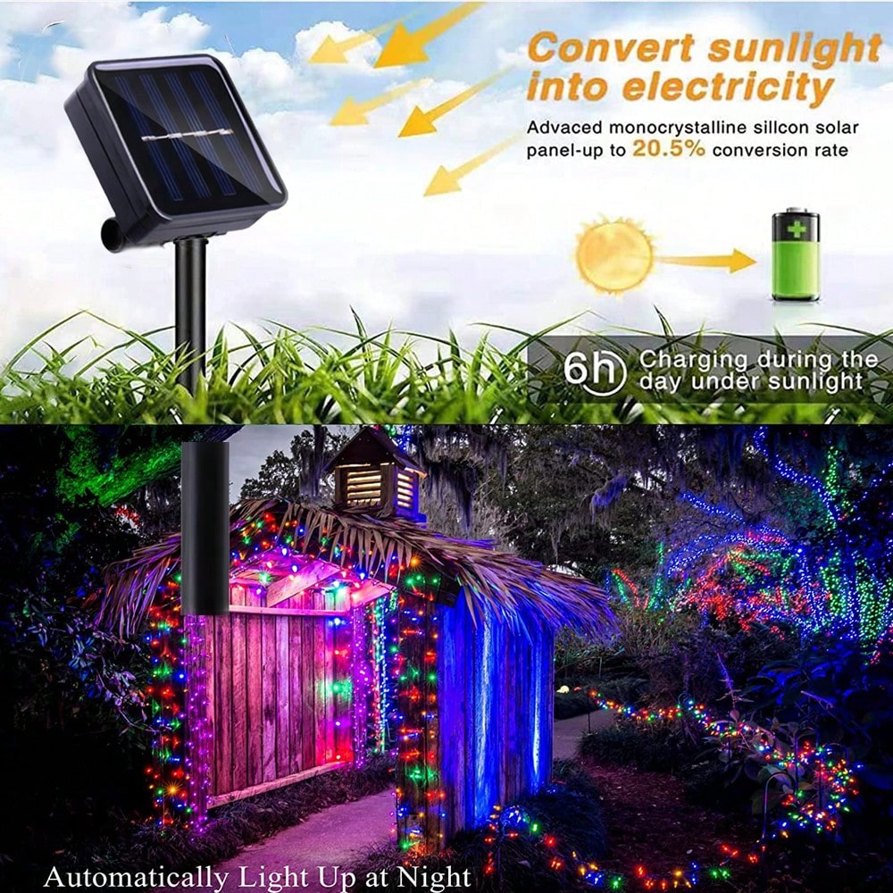 1 String Of 20/50/100/200 LED Solar Powered Lights, Outdoor Green Wire Solar Christmas Lights, 8 Flashing Modes, Suitable For Stage Lighting