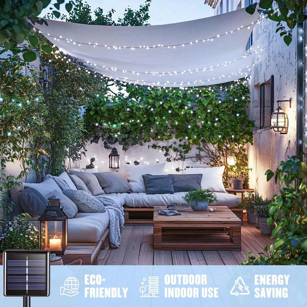 1 String Of 20/50/100/200 LED Solar Powered Lights, Outdoor Green Wire Solar Christmas Lights, 8 Flashing Modes, Suitable For Stage Lighting
