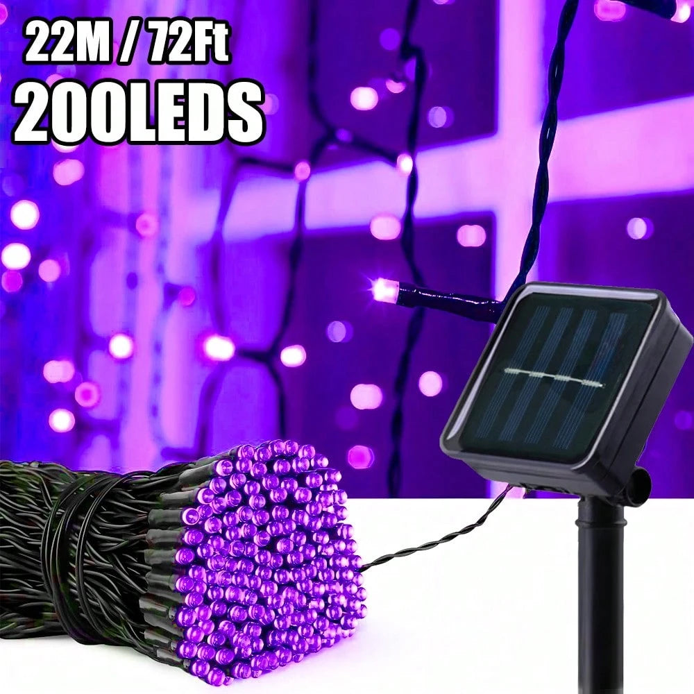 1 String Of 20/50/100/200 LED Solar Powered Lights, Outdoor Green Wire Solar Christmas Lights, 8 Flashing Modes, Suitable For Stage Lighting