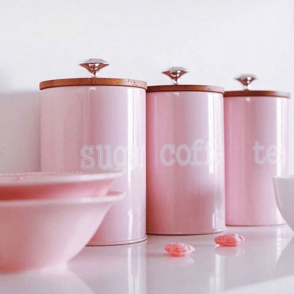 3pcs/Set Storage Tanks Dust-Proof Bamboo Cover Utensils Multifunction Box Tea Coffee Sugar Box Case Househould Can Bottle Mason Candle Jars With Lid Pink Tea Accessories Coffee Accessories Kitchen Stuff