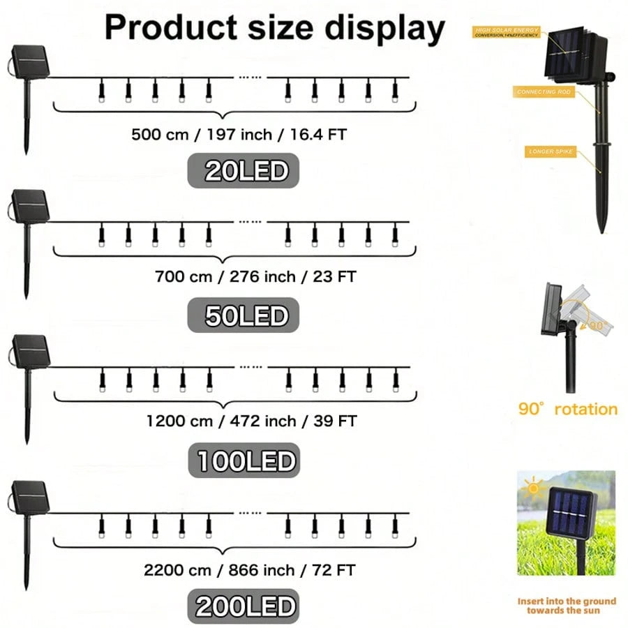 1 String Of 20/50/100/200 LED Solar Powered Lights, Outdoor Green Wire Solar Christmas Lights, 8 Flashing Modes, Suitable For Stage Lighting