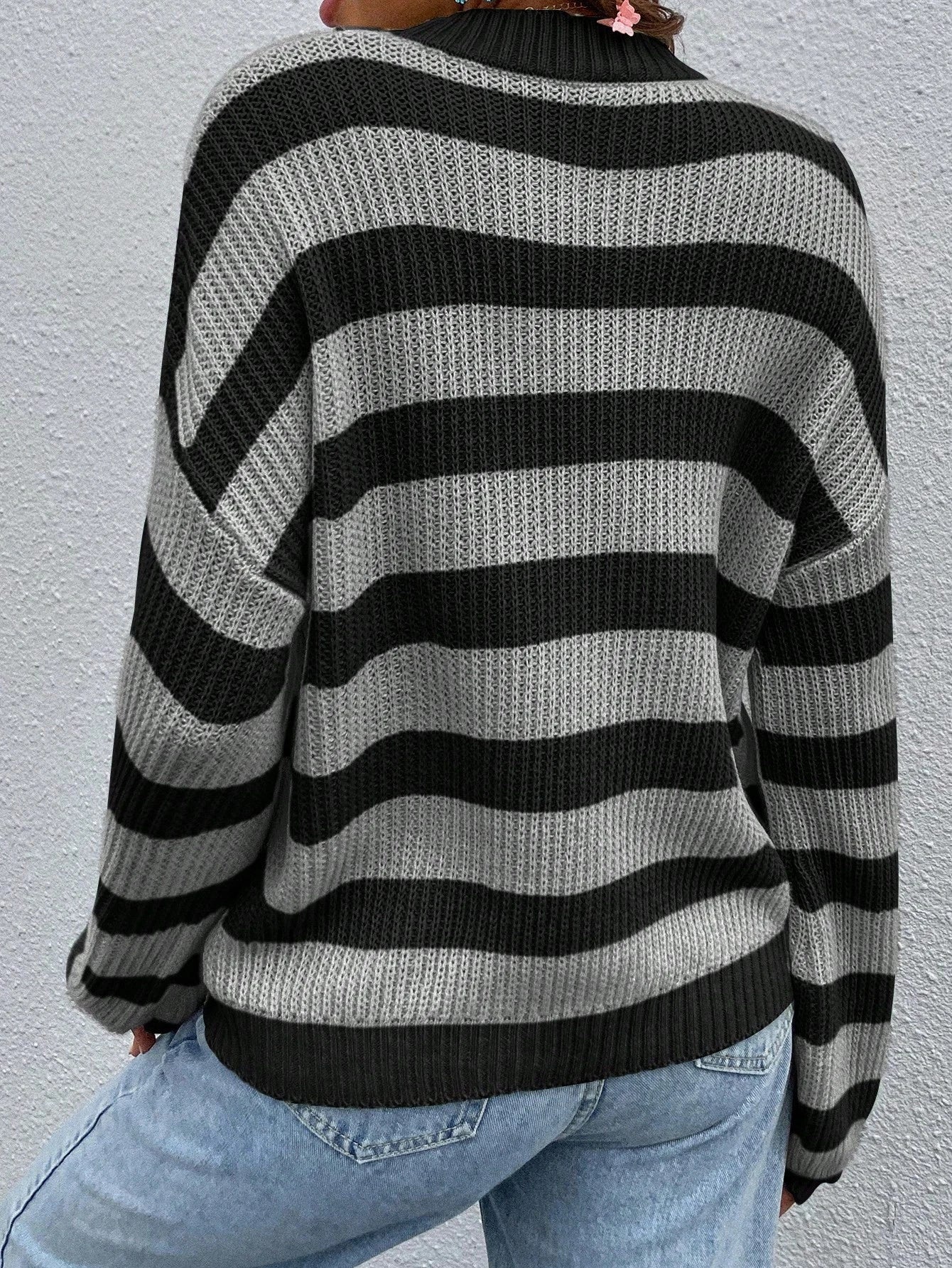 SoleilVie Striped Pattern Drop Shoulder Sweater,Long Sleeve Tops Knit Pullover Fall Winter Sweater