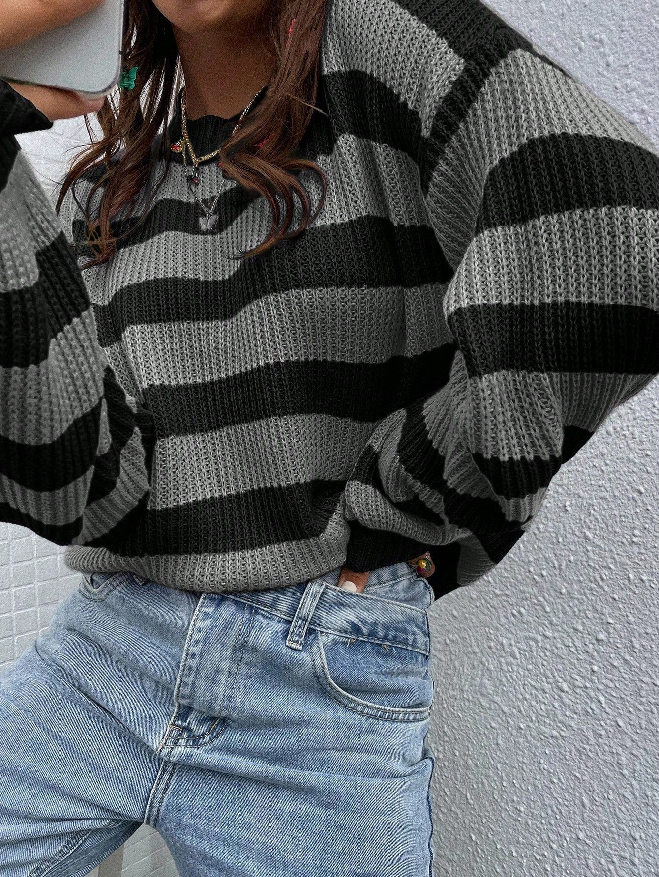 SoleilVie Striped Pattern Drop Shoulder Sweater,Long Sleeve Tops Knit Pullover Fall Winter Sweater