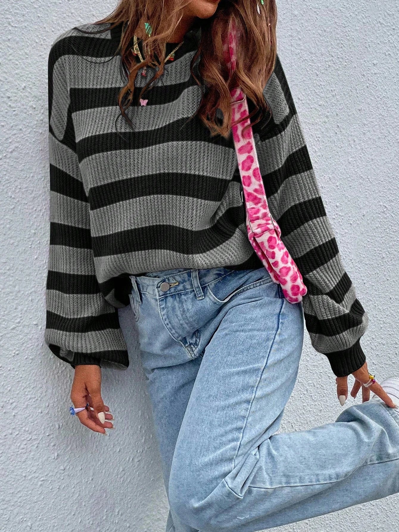SoleilVie Striped Pattern Drop Shoulder Sweater,Long Sleeve Tops Knit Pullover Fall Winter Sweater