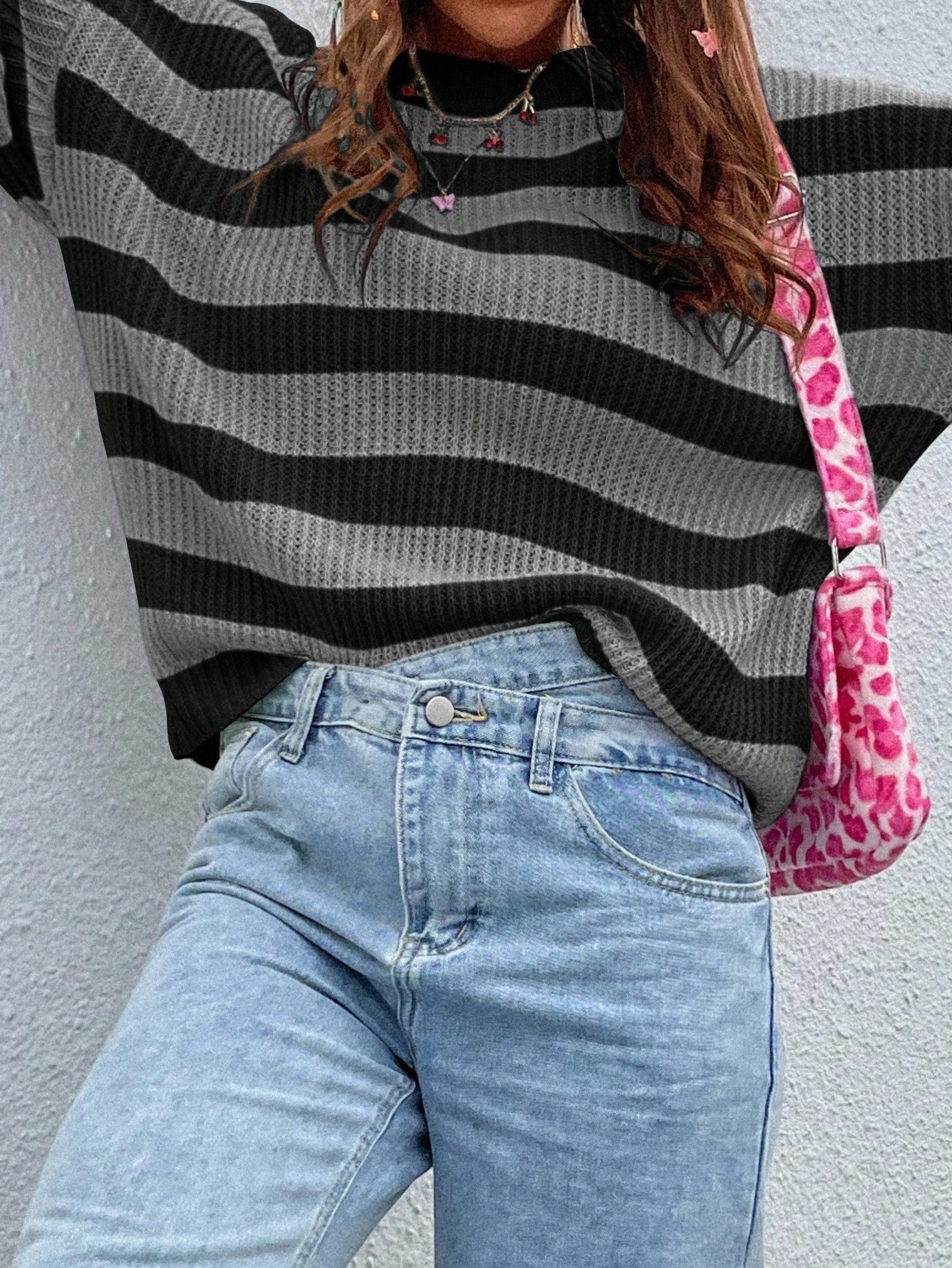 SoleilVie Striped Pattern Drop Shoulder Sweater,Long Sleeve Tops Knit Pullover Fall Winter Sweater