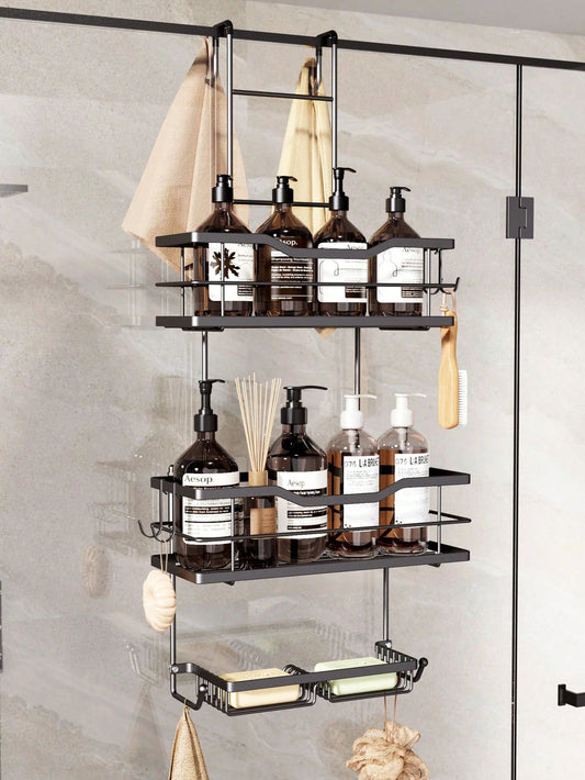 3-Tier Over-The-Door Shower Caddy, Rust-Proof Metal Bathroom Storage Rack With Drainage Basket, Hooks And Razor Holder, Suitable For Glass Shower Doors, Black And Silver