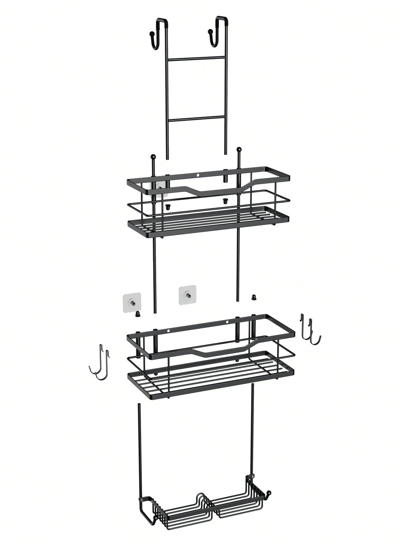 3-Tier Over-The-Door Shower Caddy, Rust-Proof Metal Bathroom Storage Rack With Drainage Basket, Hooks And Razor Holder, Suitable For Glass Shower Doors, Black And Silver