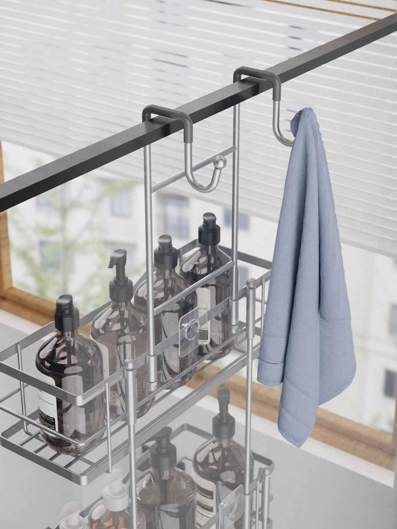 3-Tier Over-The-Door Shower Caddy, Rust-Proof Metal Bathroom Storage Rack With Drainage Basket, Hooks And Razor Holder, Suitable For Glass Shower Doors, Black And Silver