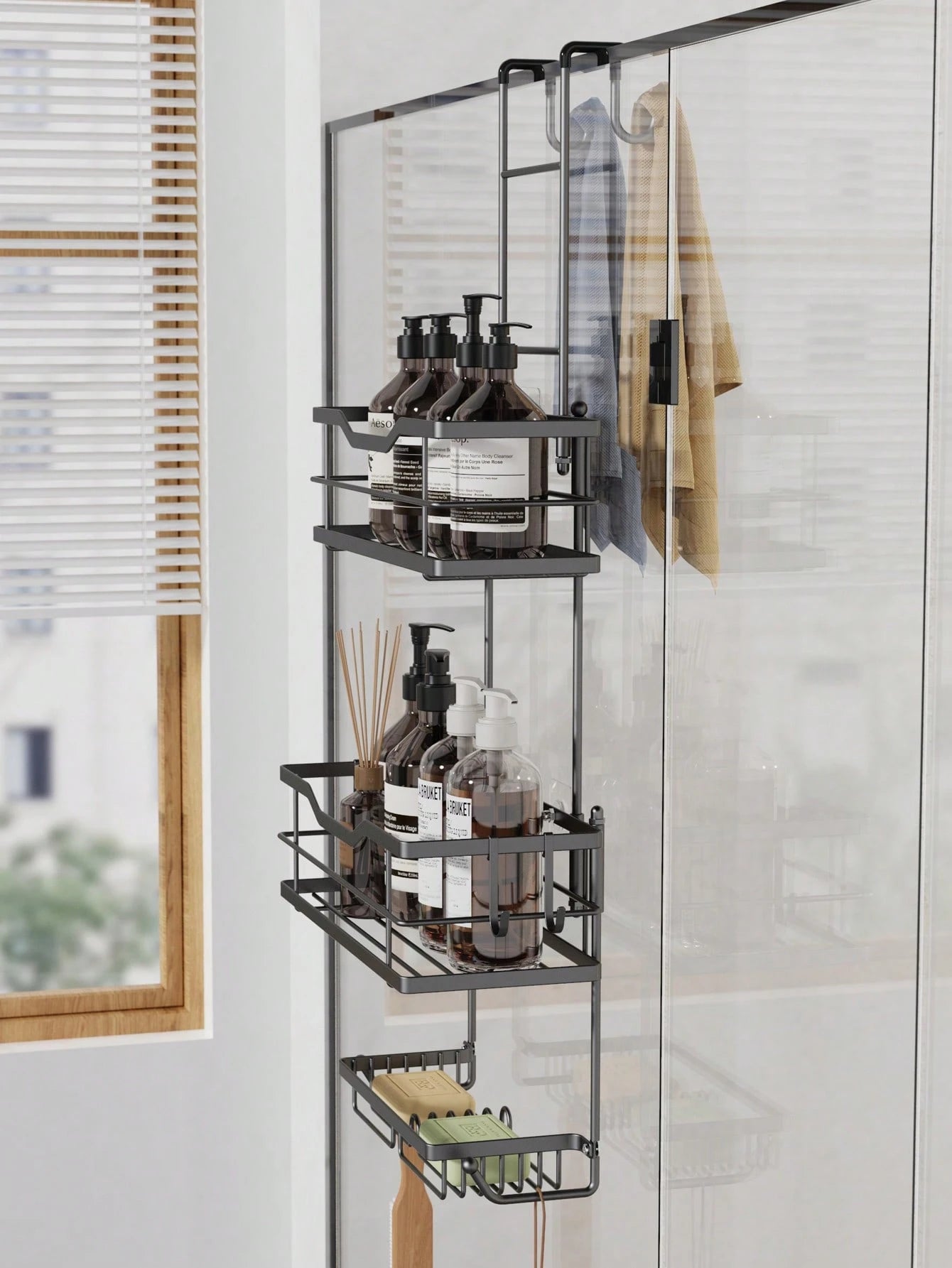 3-Tier Over-The-Door Shower Caddy, Rust-Proof Metal Bathroom Storage Rack With Drainage Basket, Hooks And Razor Holder, Suitable For Glass Shower Doors, Black And Silver