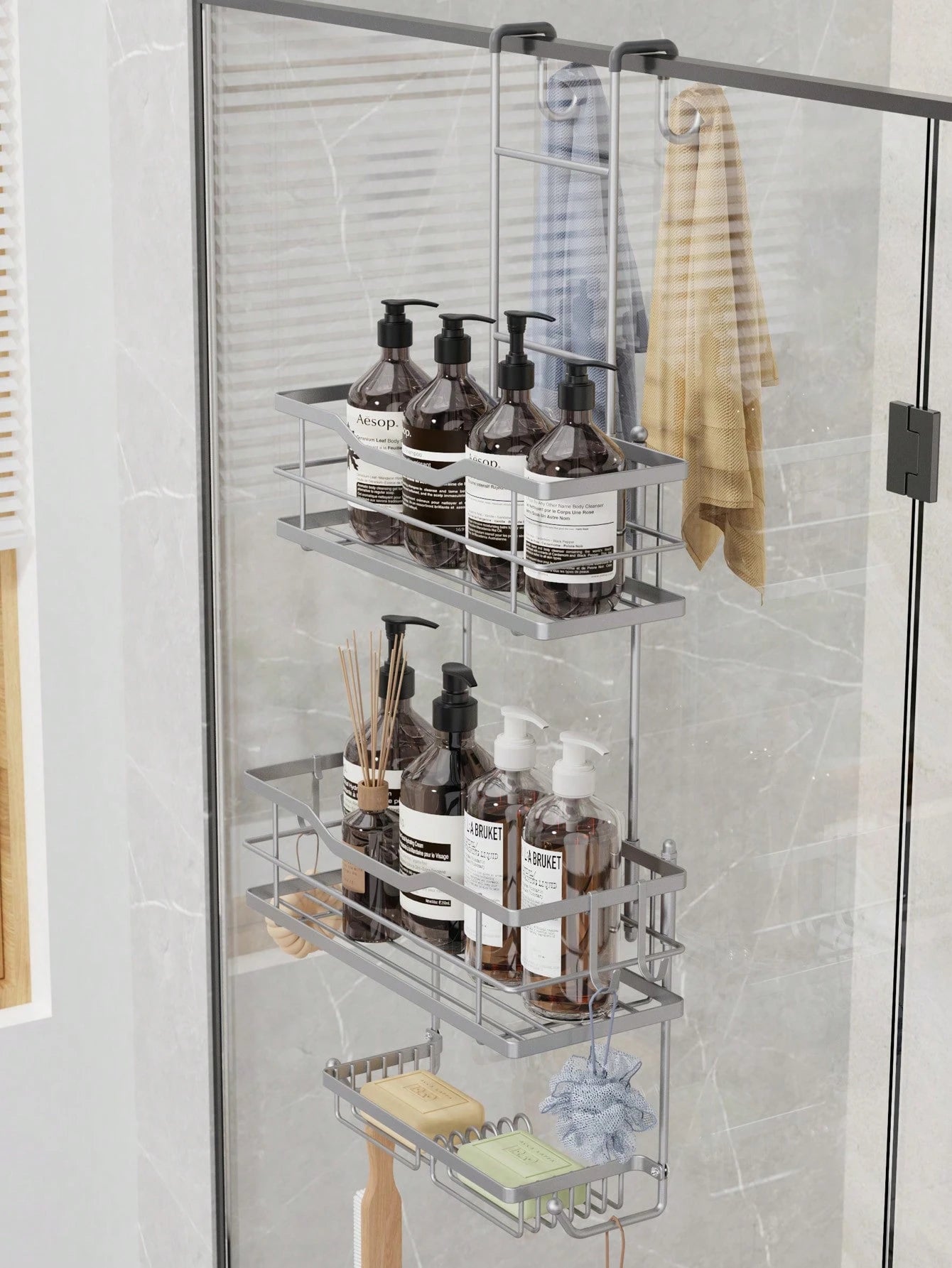 3-Tier Over-The-Door Shower Caddy, Rust-Proof Metal Bathroom Storage Rack With Drainage Basket, Hooks And Razor Holder, Suitable For Glass Shower Doors, Black And Silver