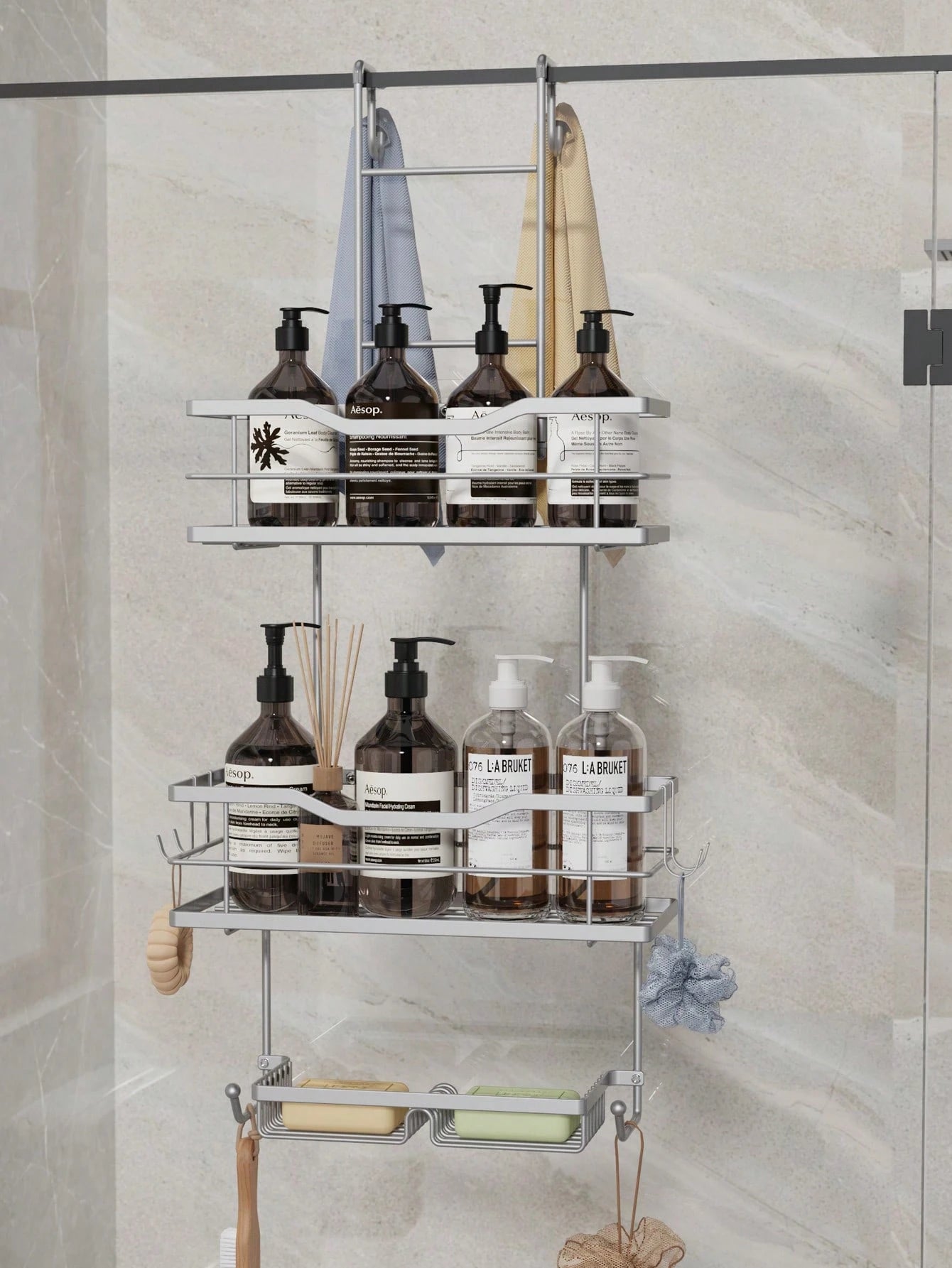 3-Tier Over-The-Door Shower Caddy, Rust-Proof Metal Bathroom Storage Rack With Drainage Basket, Hooks And Razor Holder, Suitable For Glass Shower Doors, Black And Silver