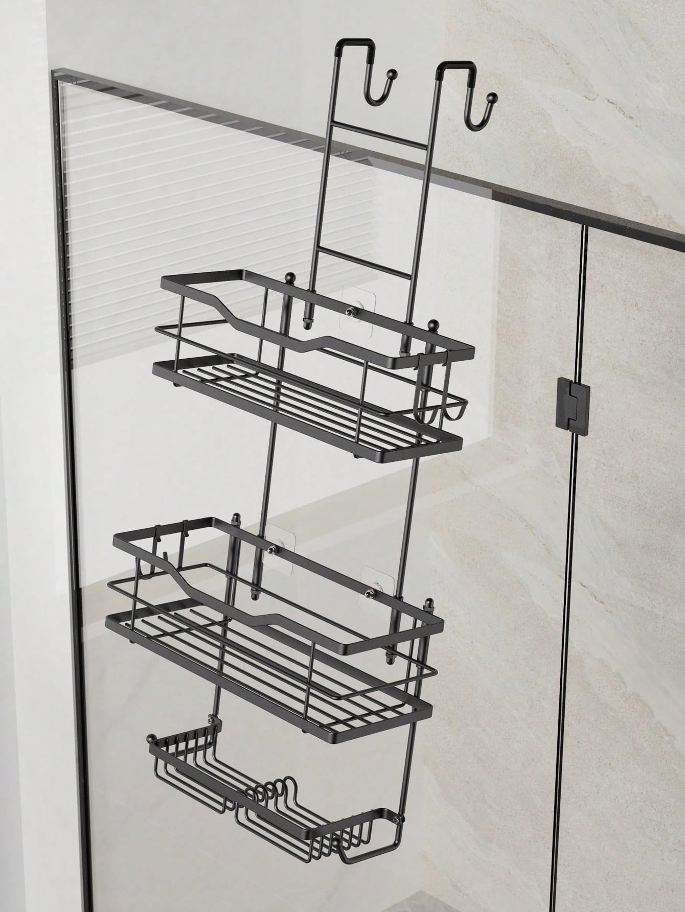 3-Tier Over-The-Door Shower Caddy, Rust-Proof Metal Bathroom Storage Rack With Drainage Basket, Hooks And Razor Holder, Suitable For Glass Shower Doors, Black And Silver