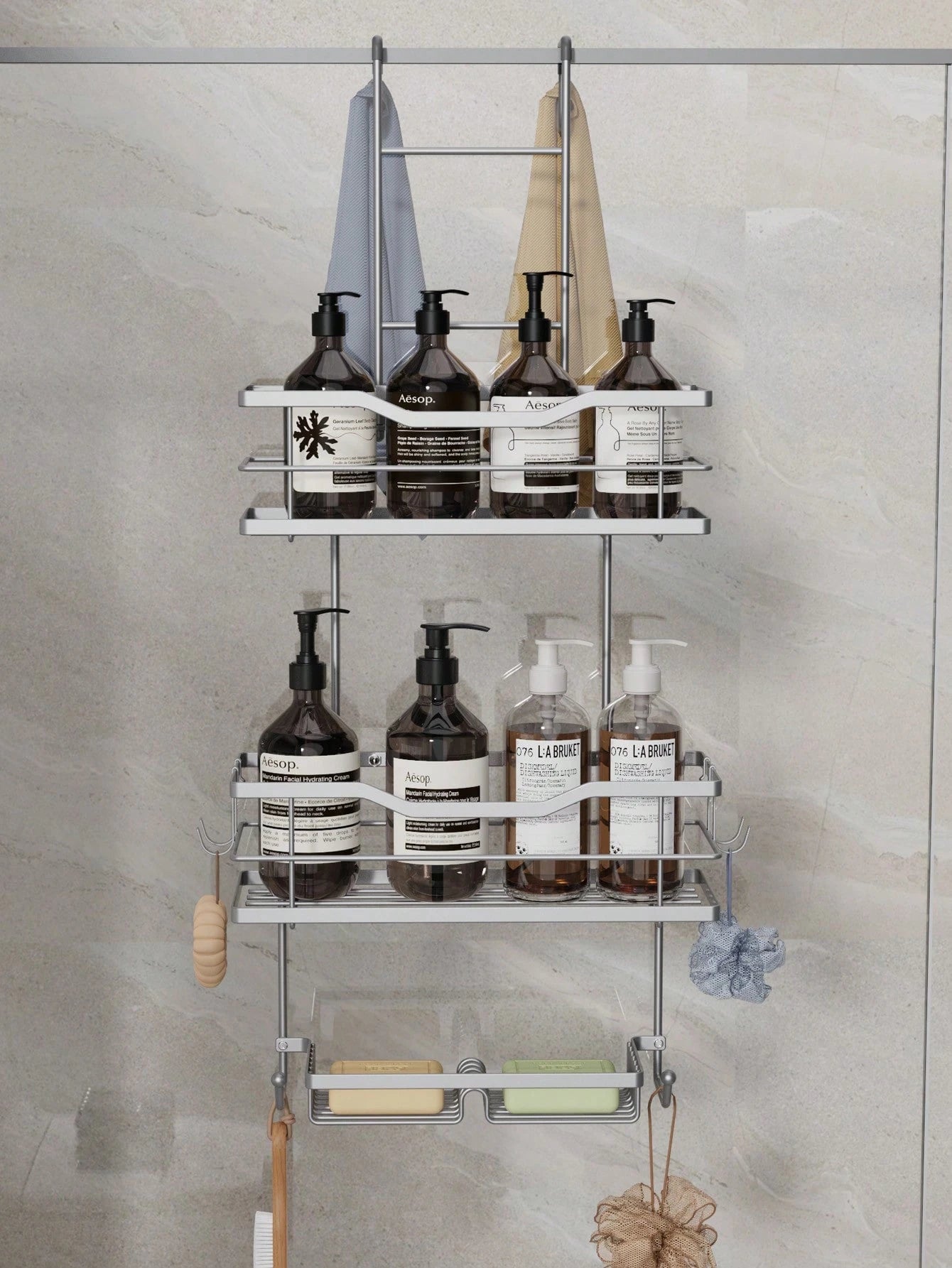 3-Tier Over-The-Door Shower Caddy, Rust-Proof Metal Bathroom Storage Rack With Drainage Basket, Hooks And Razor Holder, Suitable For Glass Shower Doors, Black And Silver