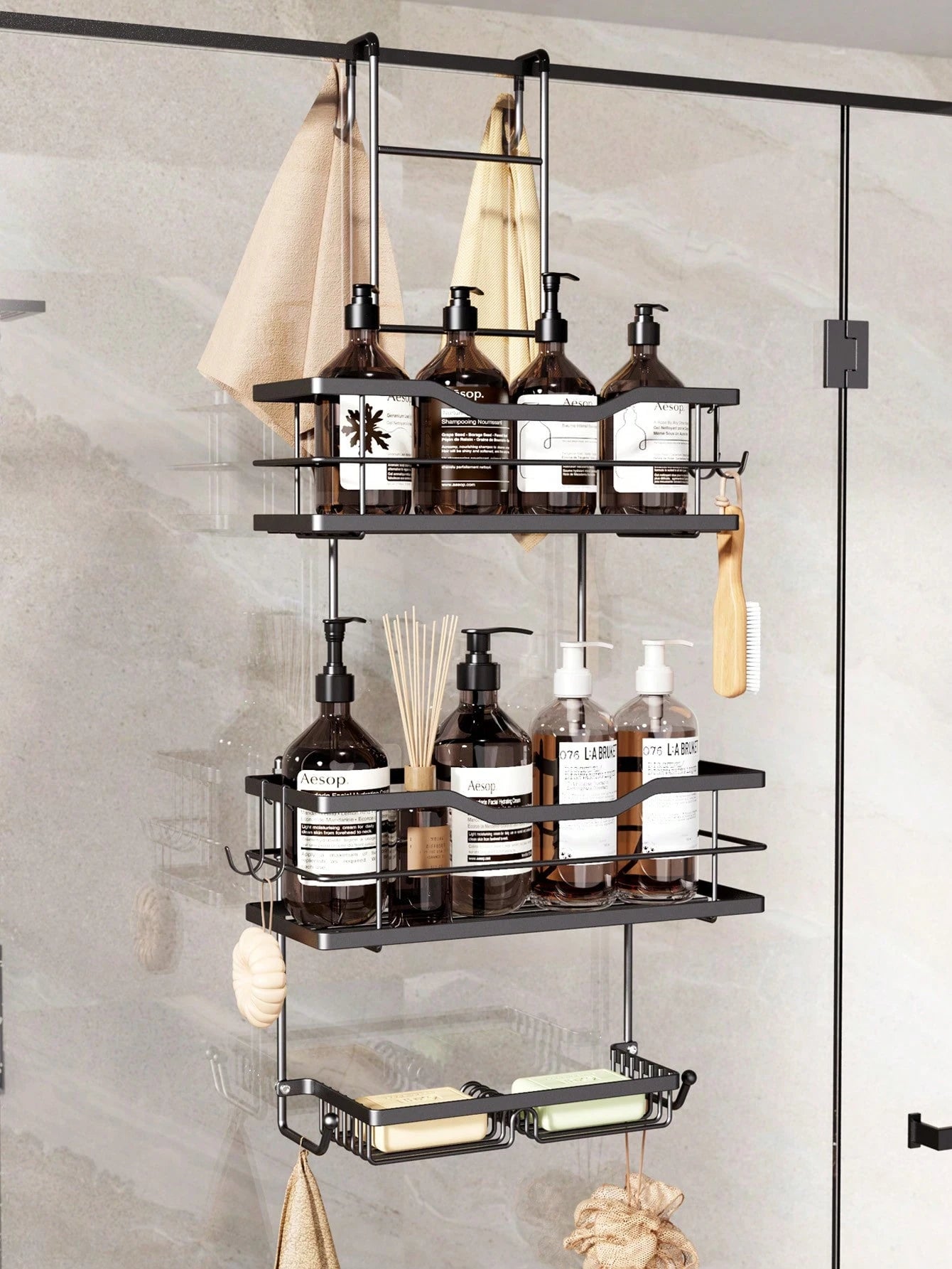3-Tier Over-The-Door Shower Caddy, Rust-Proof Metal Bathroom Storage Rack With Drainage Basket, Hooks And Razor Holder, Suitable For Glass Shower Doors, Black And Silver