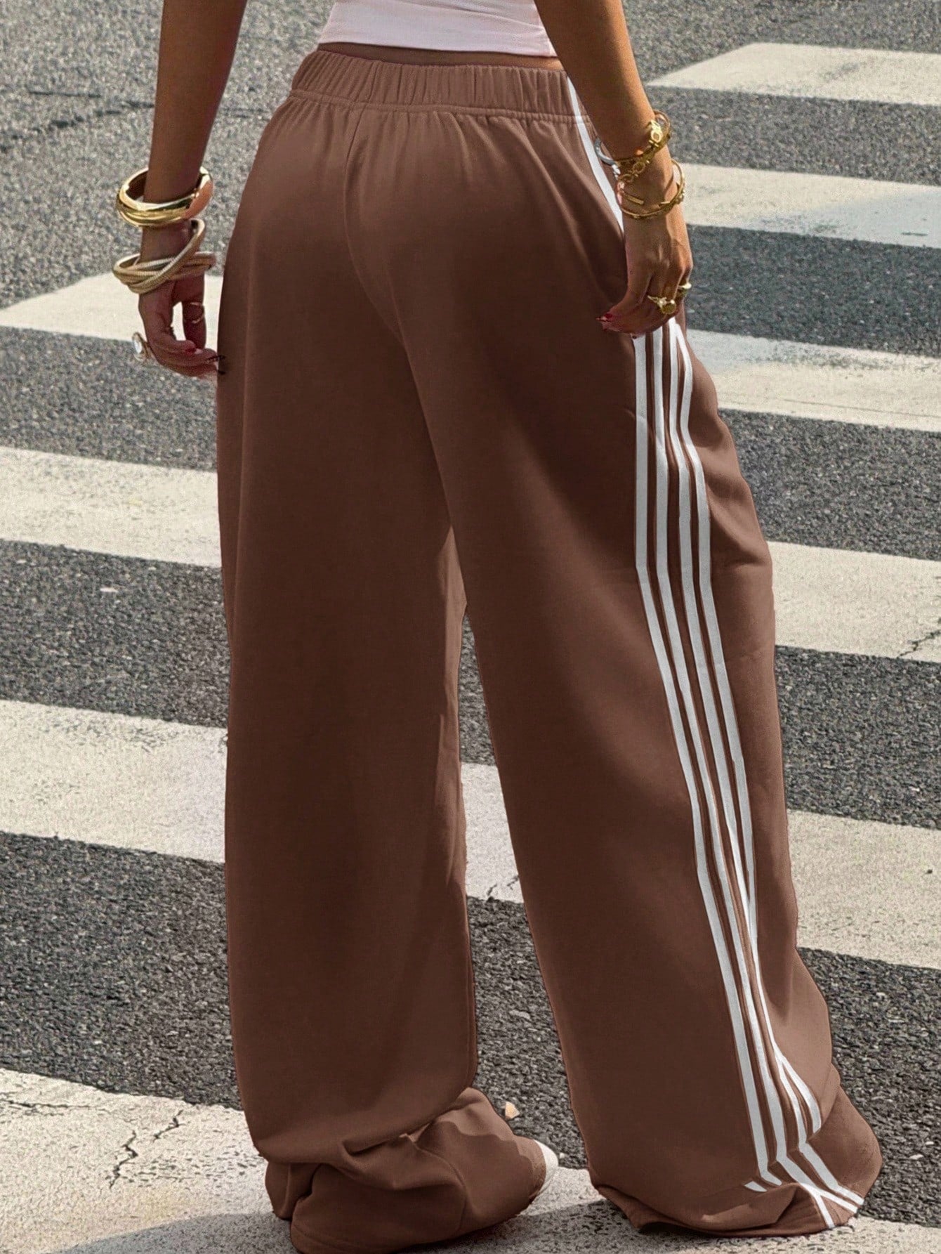 Muchica Women's Chocolate Brown Casual Wide Leg Sweatpants With Side Stripe Detail And Extra Long Knitted Fabric