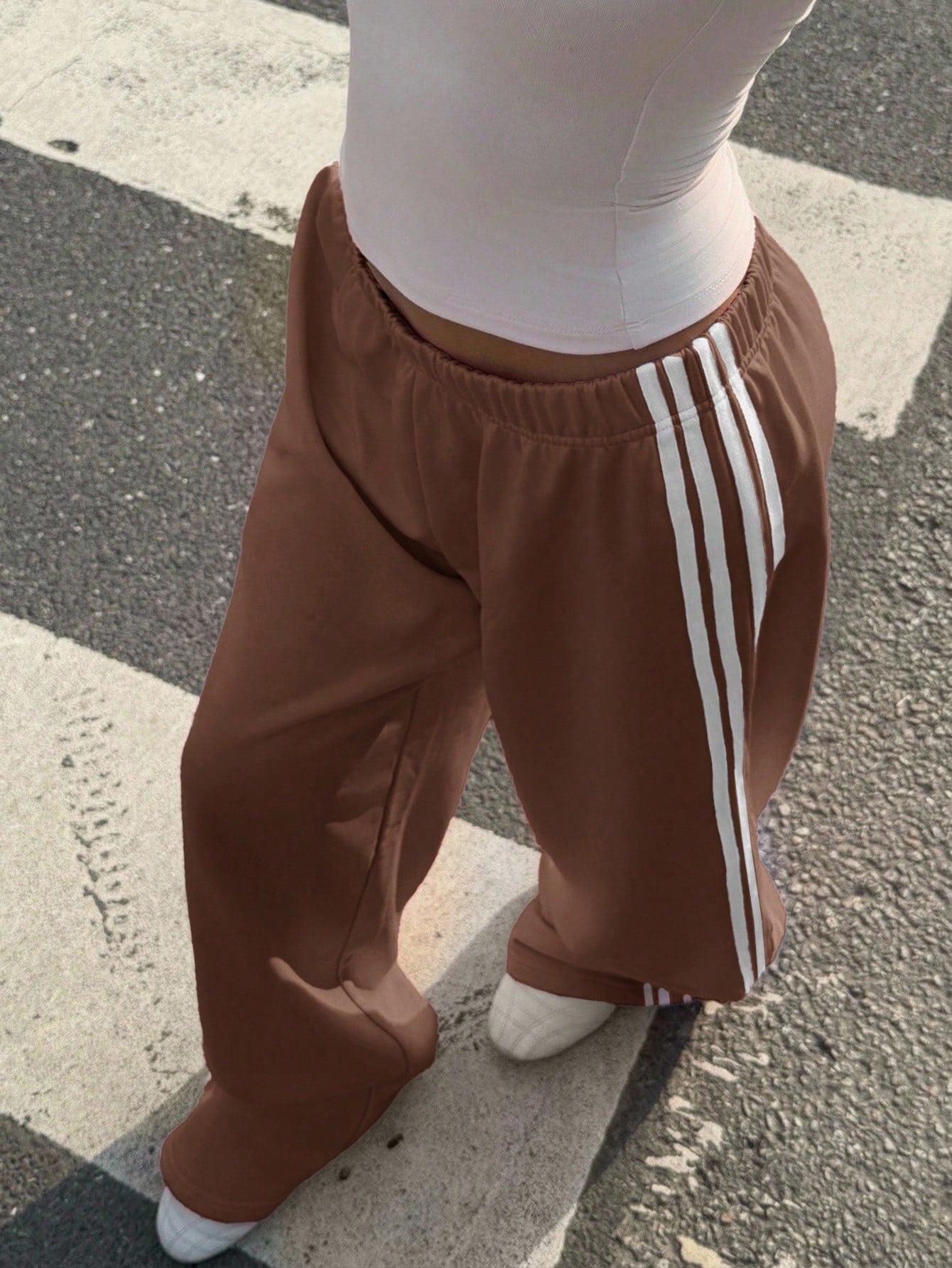 Muchica Women's Chocolate Brown Casual Wide Leg Sweatpants With Side Stripe Detail And Extra Long Knitted Fabric