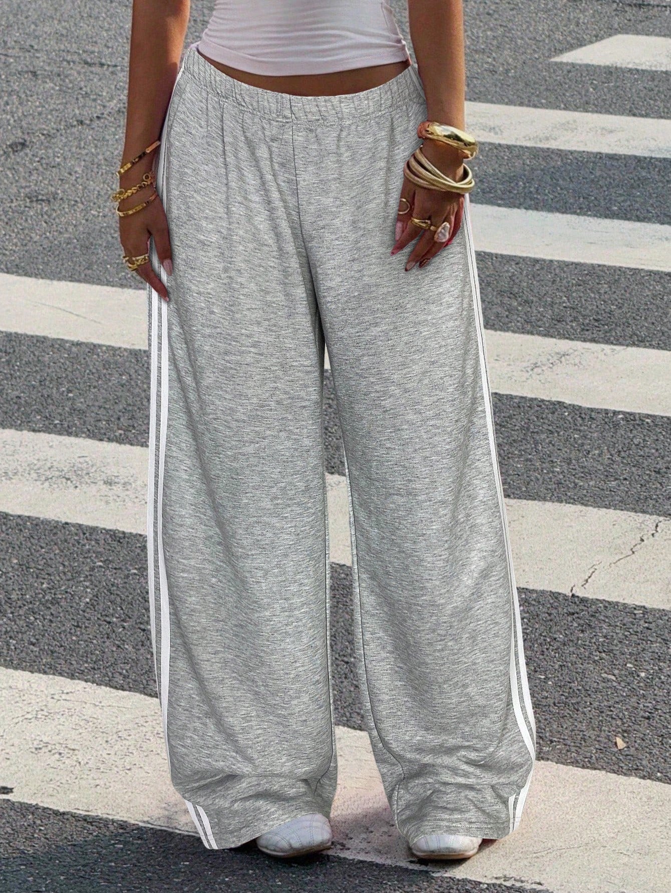 Muchica Women's Chocolate Brown Casual Wide Leg Sweatpants With Side Stripe Detail And Extra Long Knitted Fabric