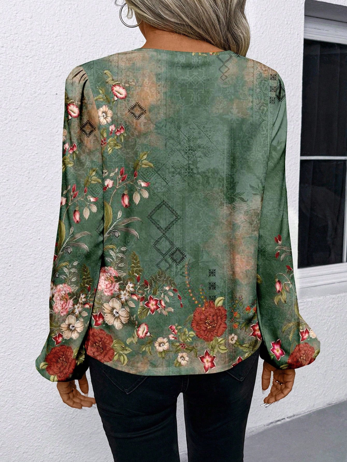 SHEIN LUNE Women Casual/Office Round Neck V-Notch Faux Placket Puff Sleeve Floral Print Long Sleeve Blouse