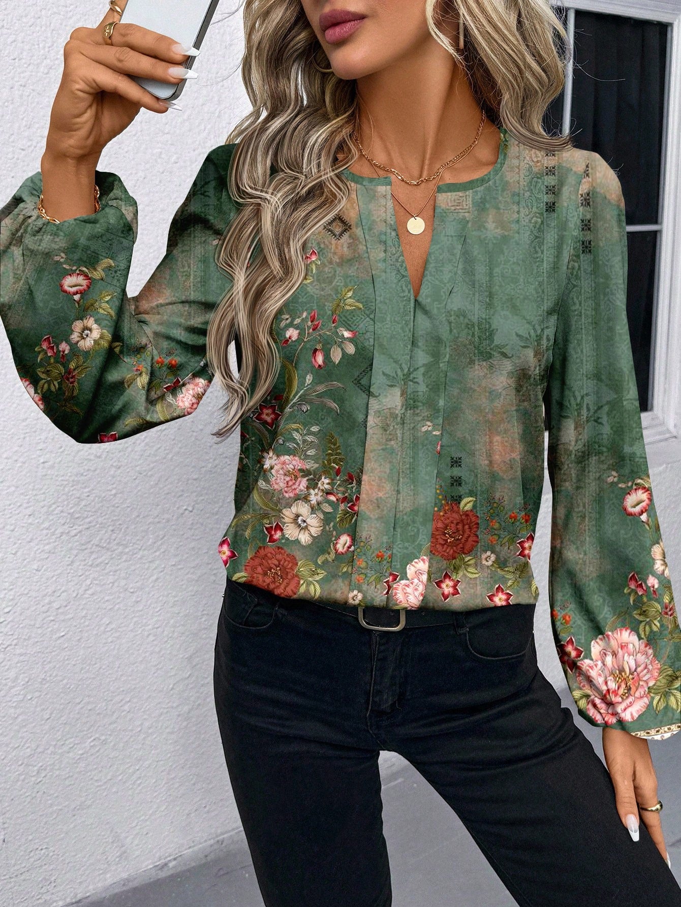SHEIN LUNE Women Casual/Office Round Neck V-Notch Faux Placket Puff Sleeve Floral Print Long Sleeve Blouse