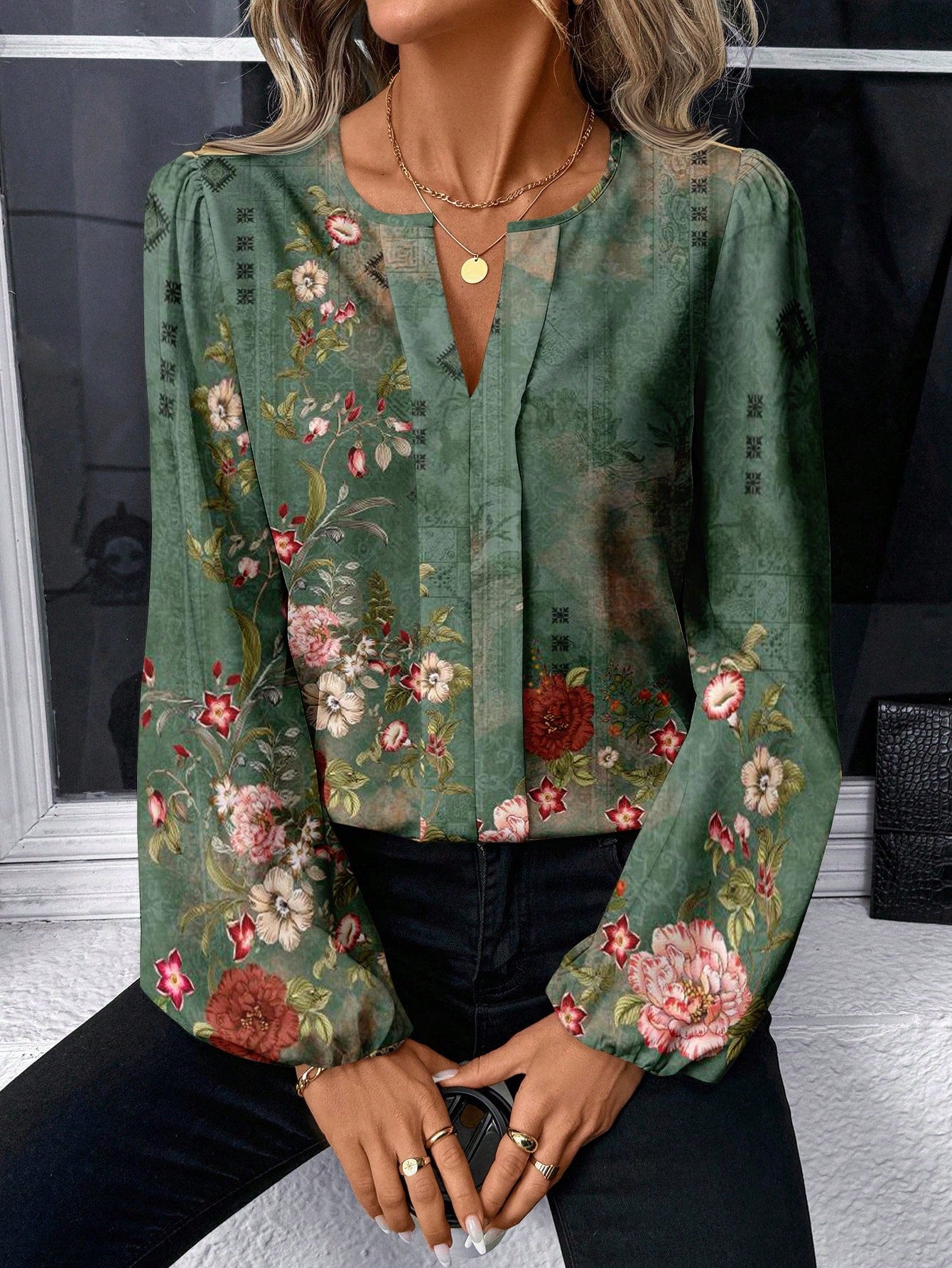 SHEIN LUNE Women Casual/Office Round Neck V-Notch Faux Placket Puff Sleeve Floral Print Long Sleeve Blouse