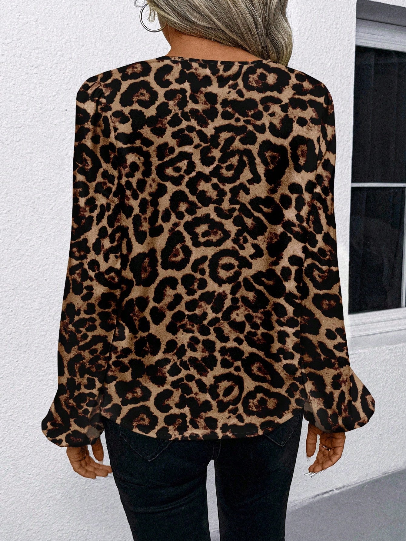 SHEIN LUNE Women Casual/Office Round Neck V-Notch Faux Placket Puff Sleeve Floral Print Long Sleeve Blouse