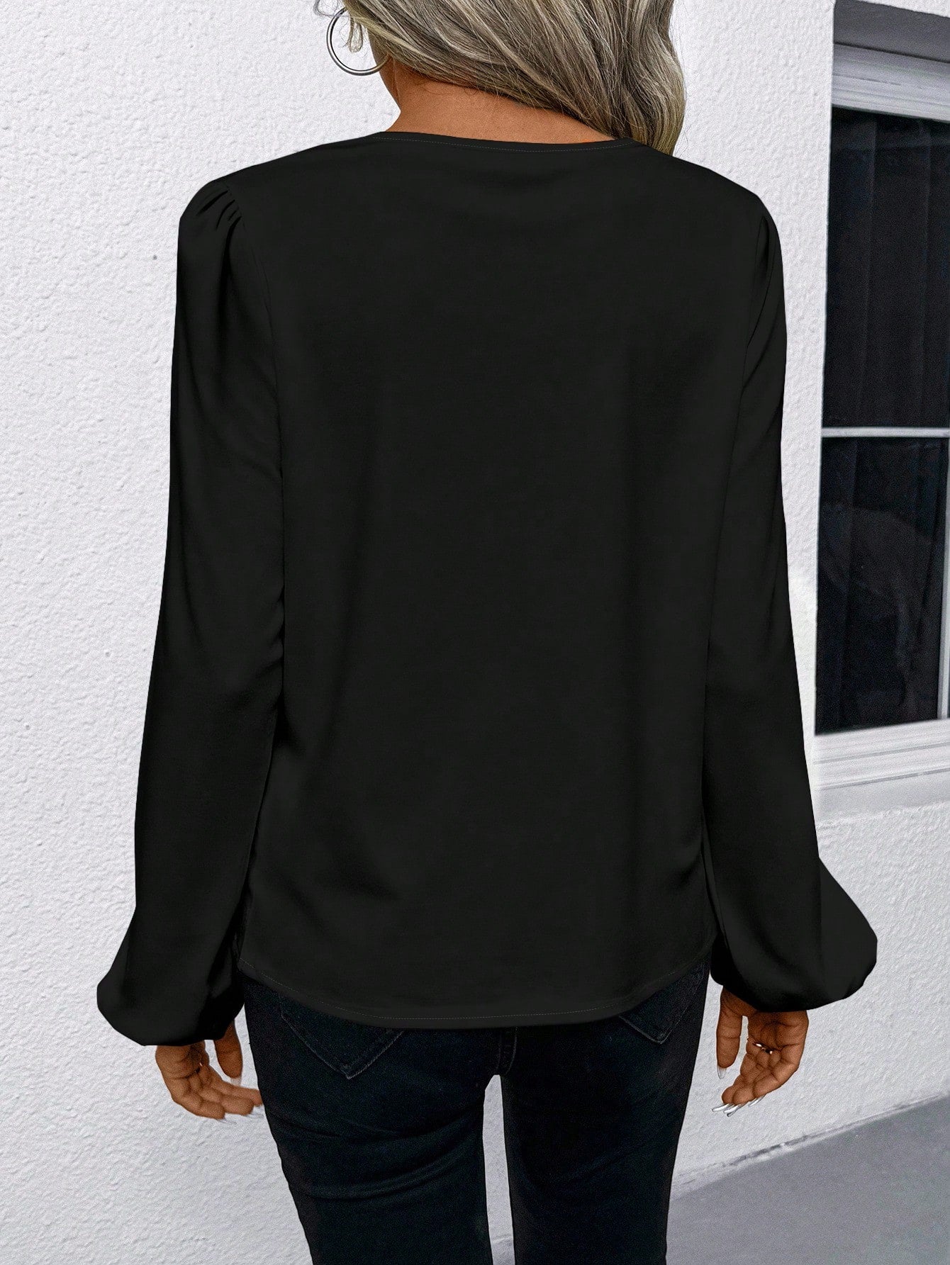 SHEIN LUNE Women Casual/Office Round Neck V-Notch Faux Placket Puff Sleeve Floral Print Long Sleeve Blouse