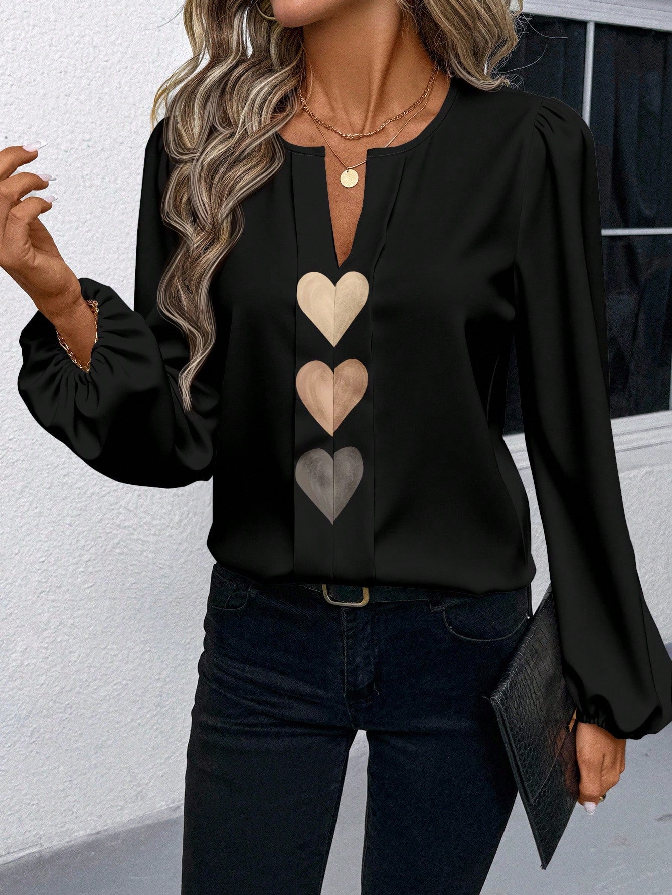 SHEIN LUNE Women Casual/Office Round Neck V-Notch Faux Placket Puff Sleeve Floral Print Long Sleeve Blouse