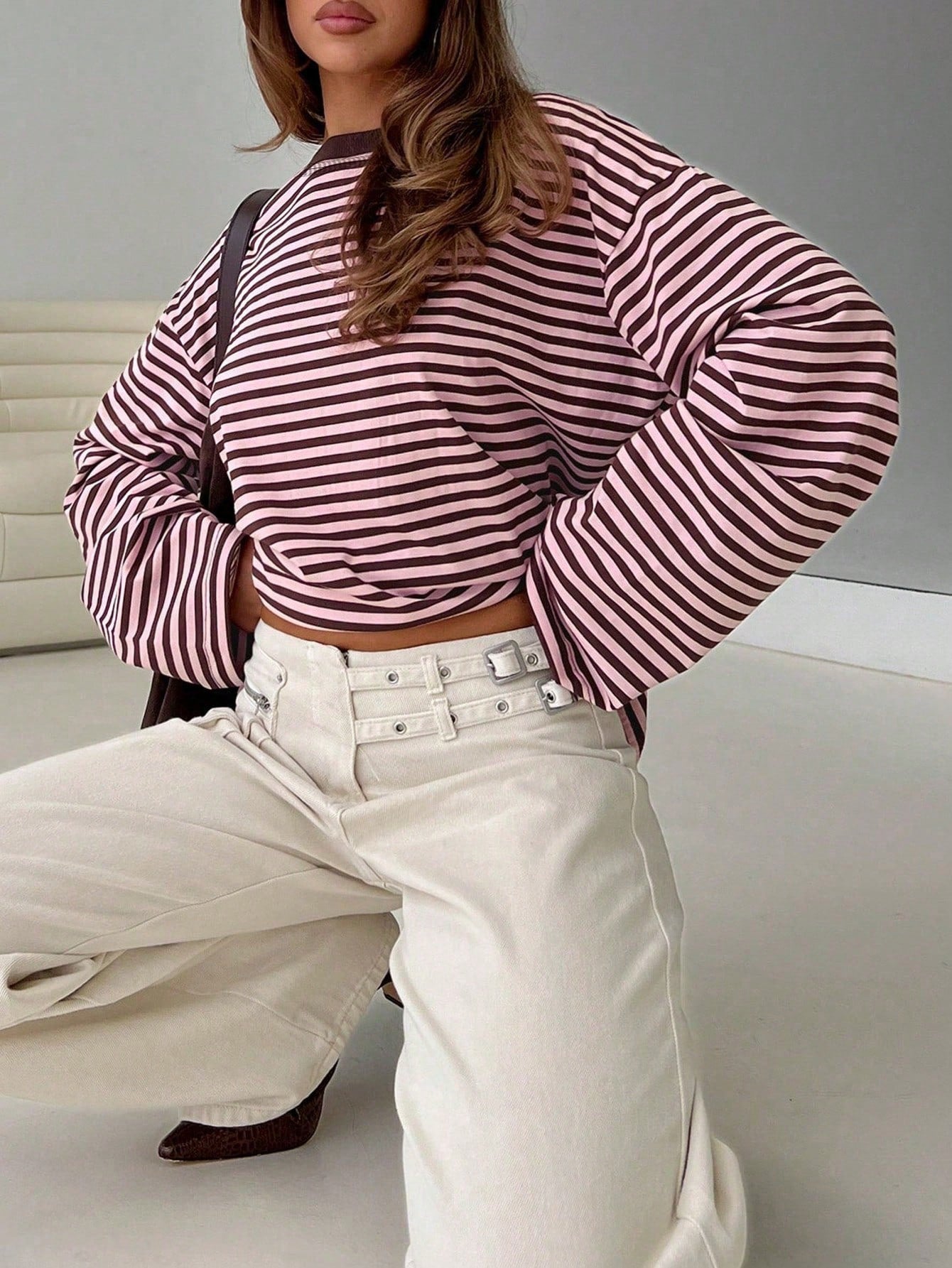 Women's Casual Top, Striped Contrast Ribbed Knit, Everyday Wear, Spring/Autumn