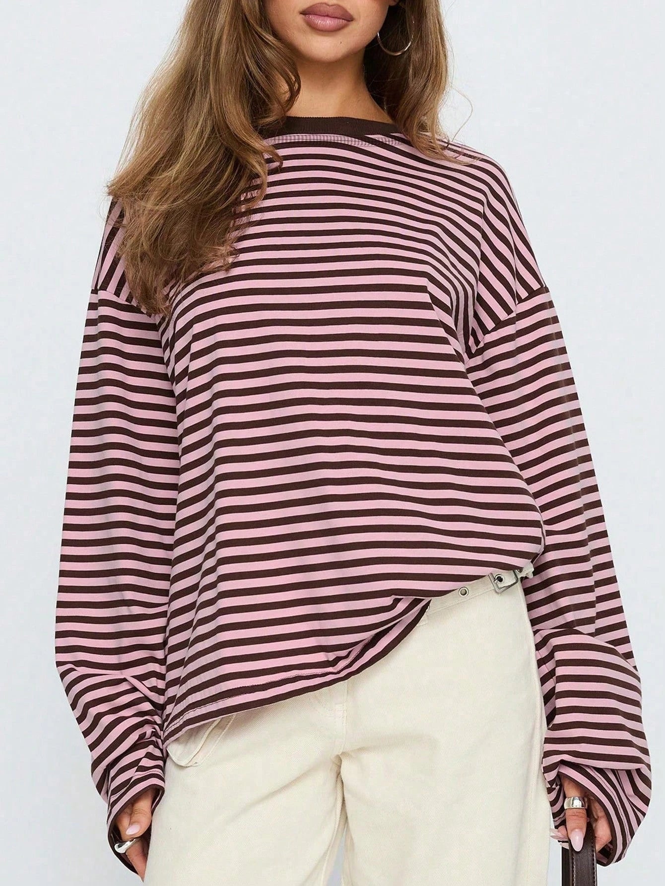 Women's Casual Top, Striped Contrast Ribbed Knit, Everyday Wear, Spring/Autumn