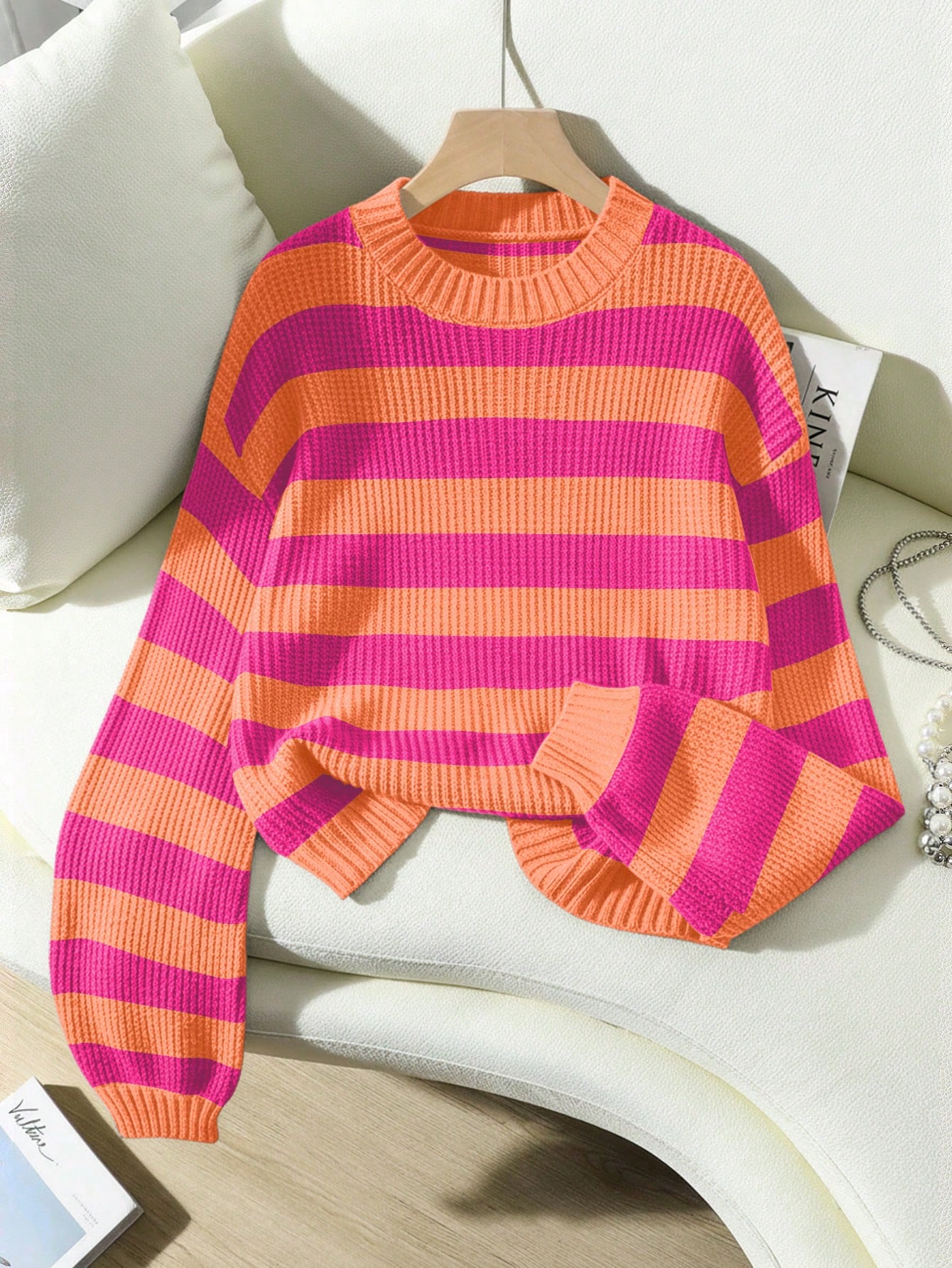 SoleilVie Striped Pattern Drop Shoulder Sweater,Long Sleeve Tops Knit Pullover Fall Winter Sweater