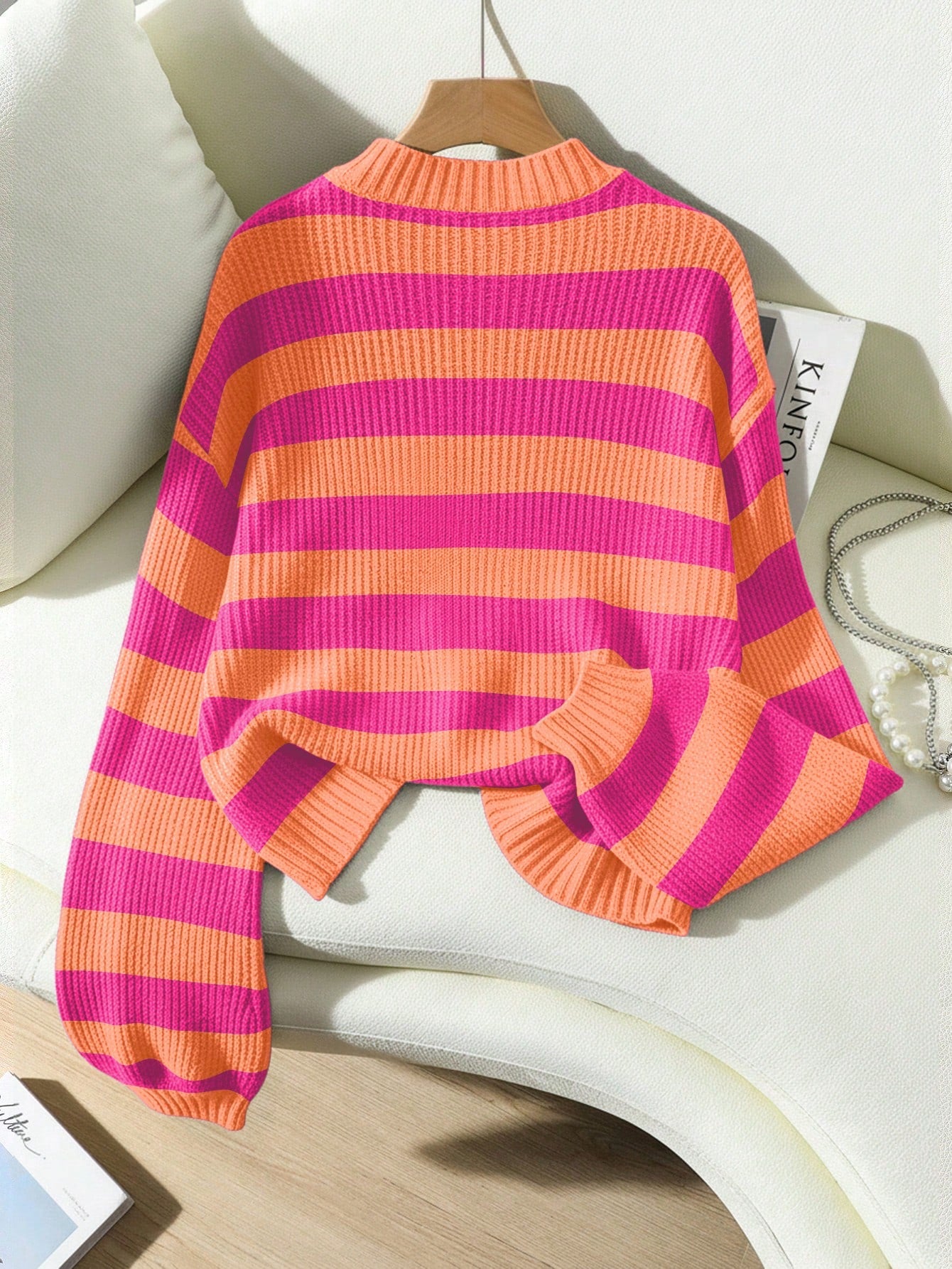 SoleilVie Striped Pattern Drop Shoulder Sweater,Long Sleeve Tops Knit Pullover Fall Winter Sweater