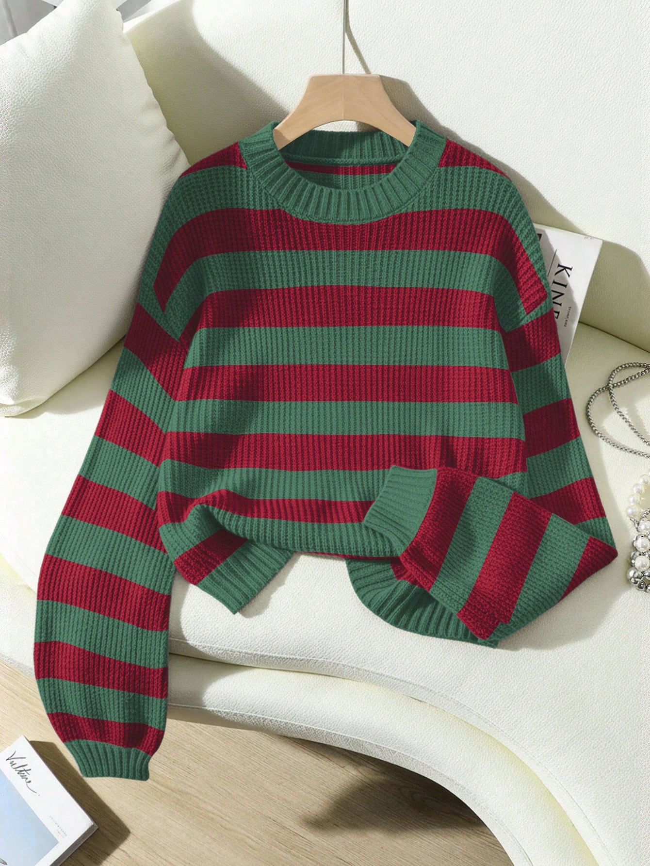 SoleilVie Striped Pattern Drop Shoulder Sweater,Long Sleeve Tops Knit Pullover Fall Winter Sweater