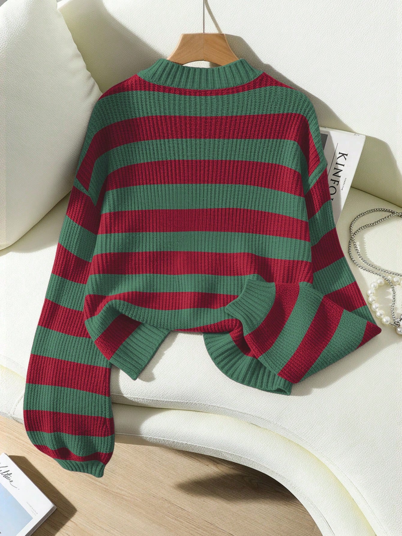 SoleilVie Striped Pattern Drop Shoulder Sweater,Long Sleeve Tops Knit Pullover Fall Winter Sweater