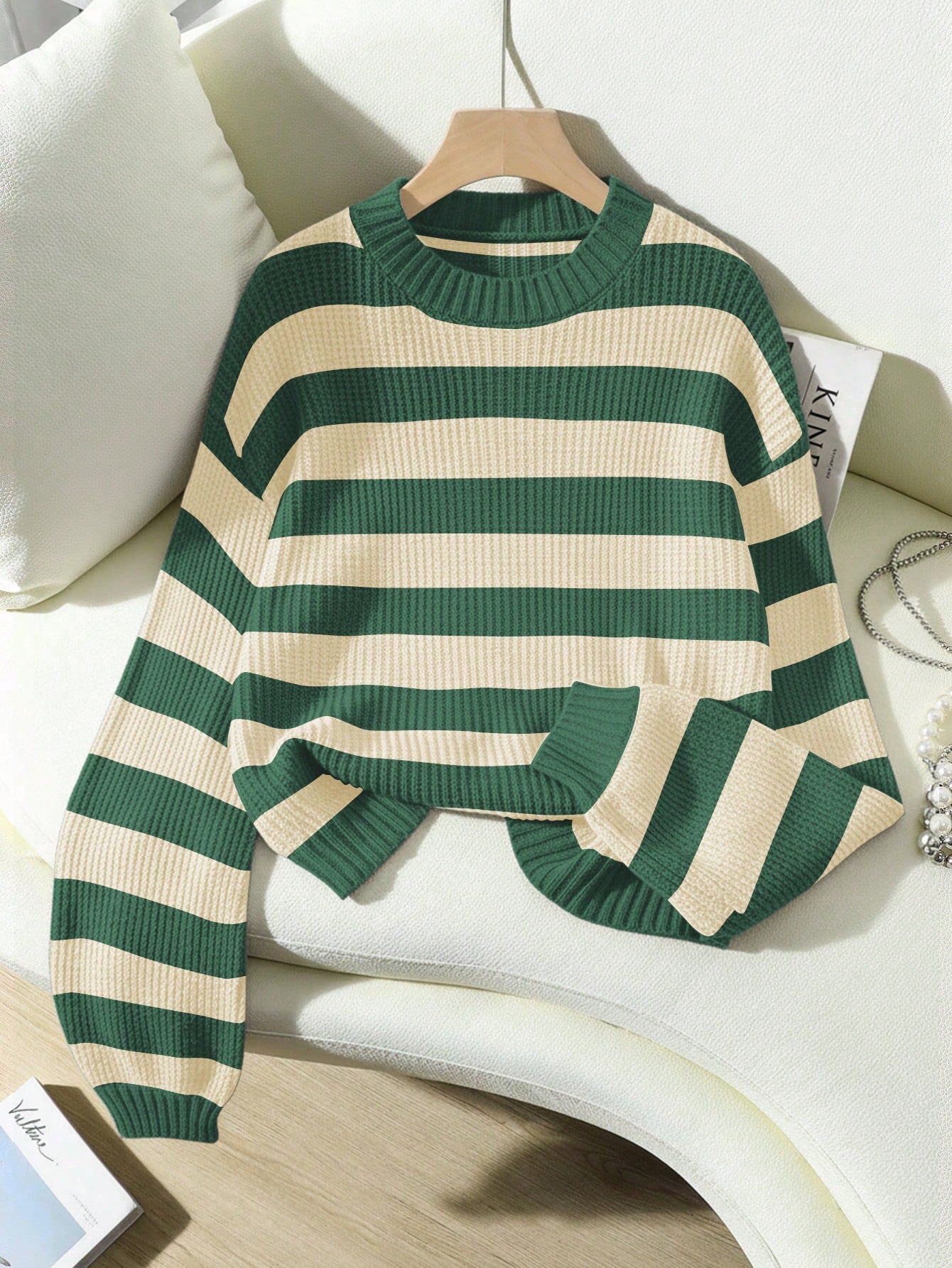 SoleilVie Striped Pattern Drop Shoulder Sweater,Long Sleeve Tops Knit Pullover Fall Winter Sweater