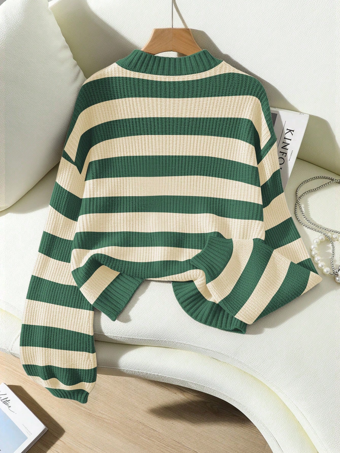 SoleilVie Striped Pattern Drop Shoulder Sweater,Long Sleeve Tops Knit Pullover Fall Winter Sweater
