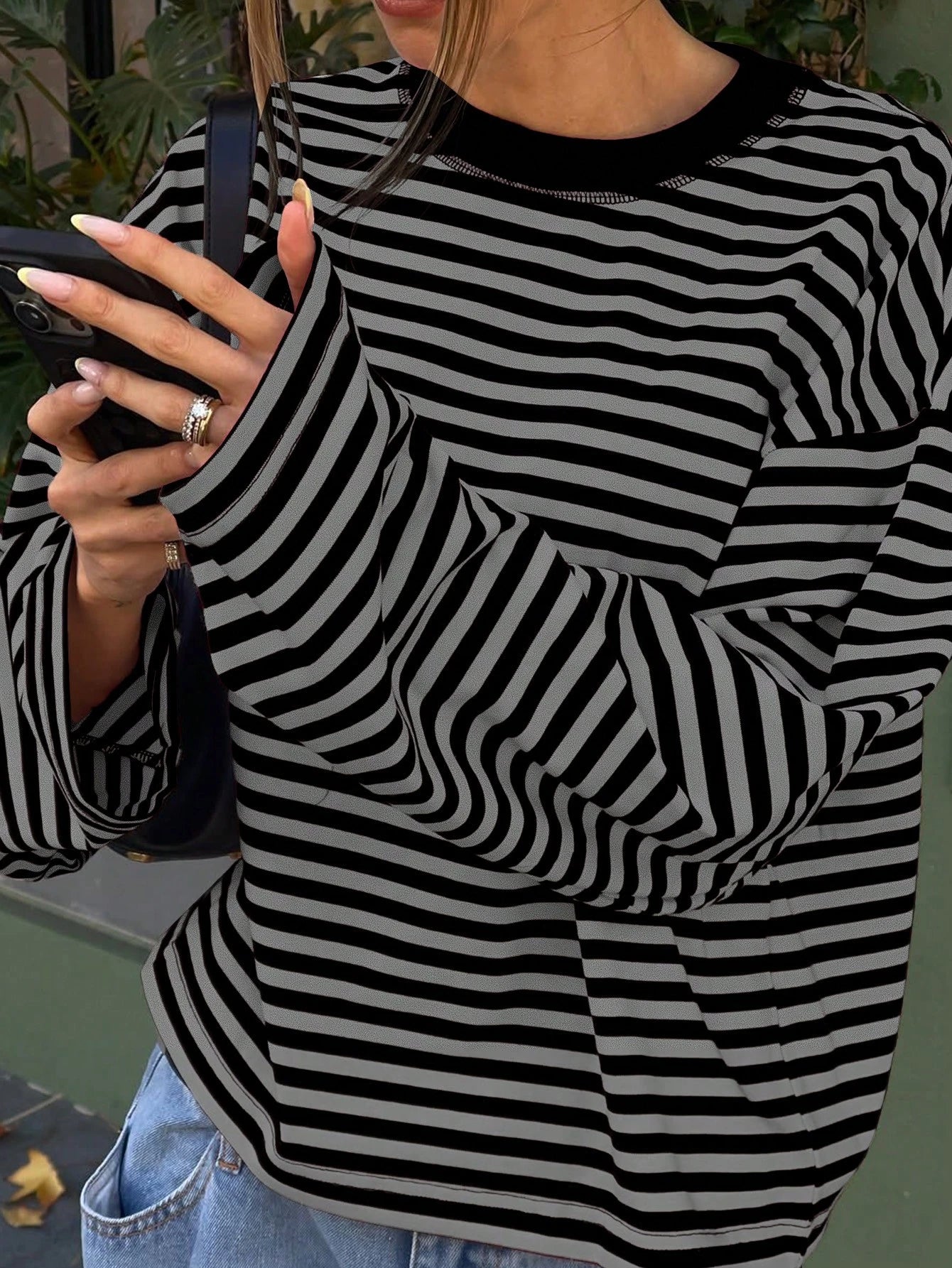 Women's Casual Top, Striped Contrast Ribbed Knit, Everyday Wear, Spring/Autumn