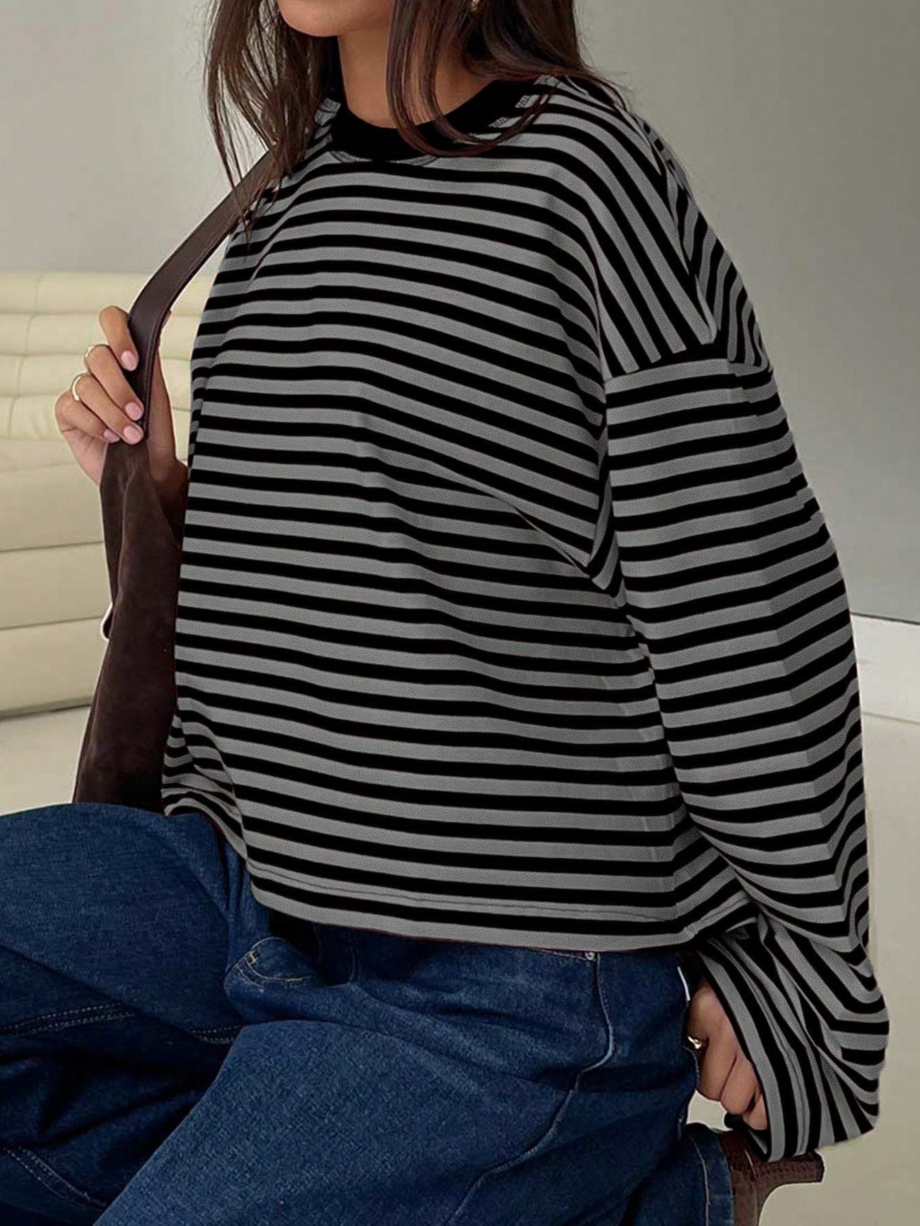 Women's Casual Top, Striped Contrast Ribbed Knit, Everyday Wear, Spring/Autumn