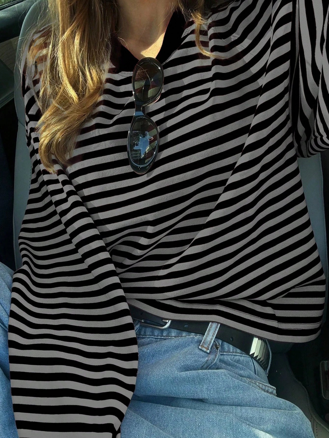 Women's Casual Top, Striped Contrast Ribbed Knit, Everyday Wear, Spring/Autumn