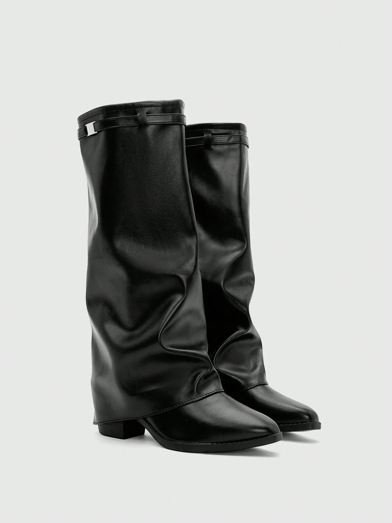 Aloruh Fal inter Vegan Leather Slip-On Knee-High Boots With Chunky Heels