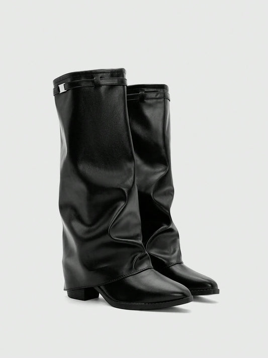 Aloruh Fal inter Vegan Leather Slip-On Knee-High Boots With Chunky Heels