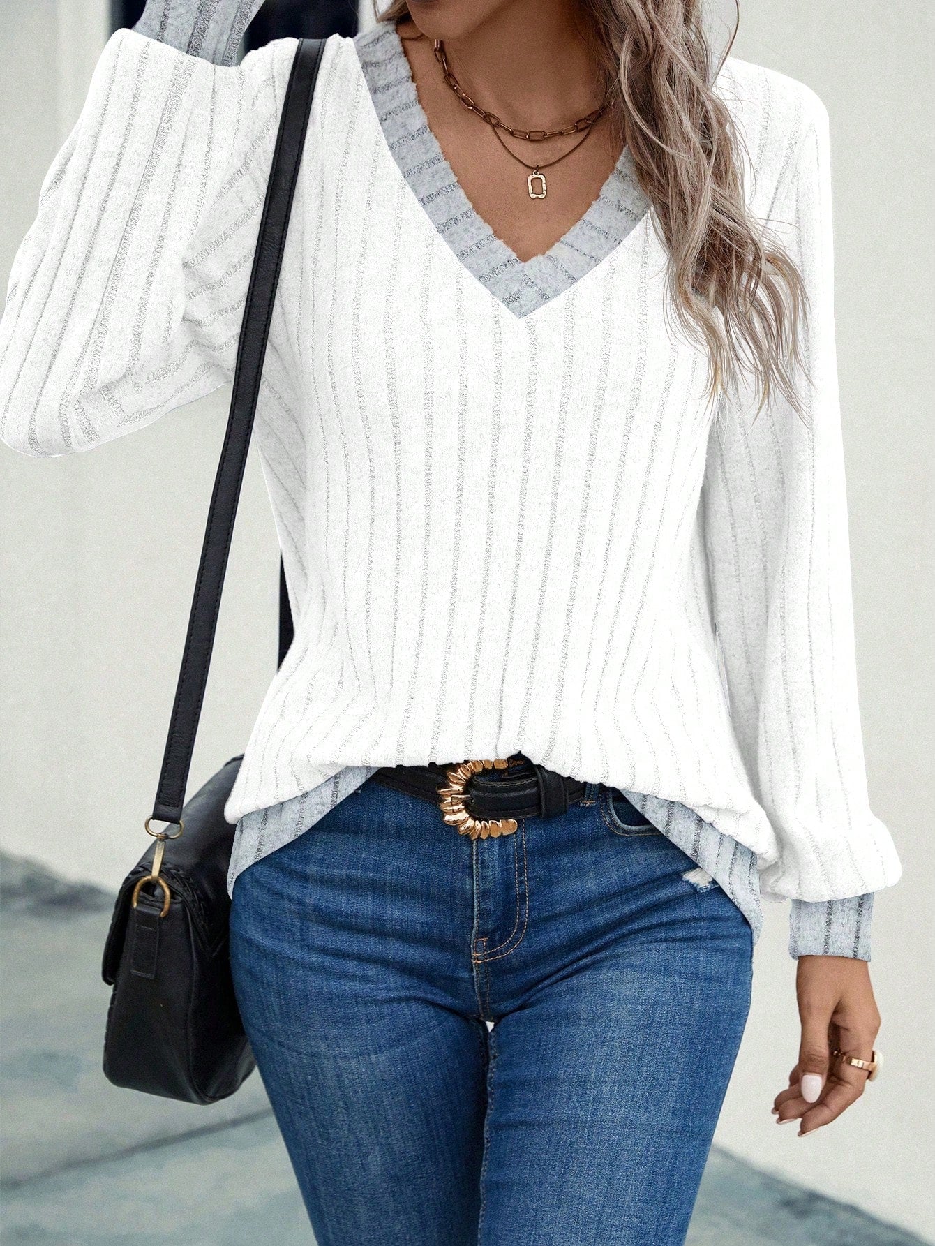 EMERY ROSE Women's Solid Color V-Neck Casual Versatile Long Sleeve T-Shirt Fall Cloth For Women