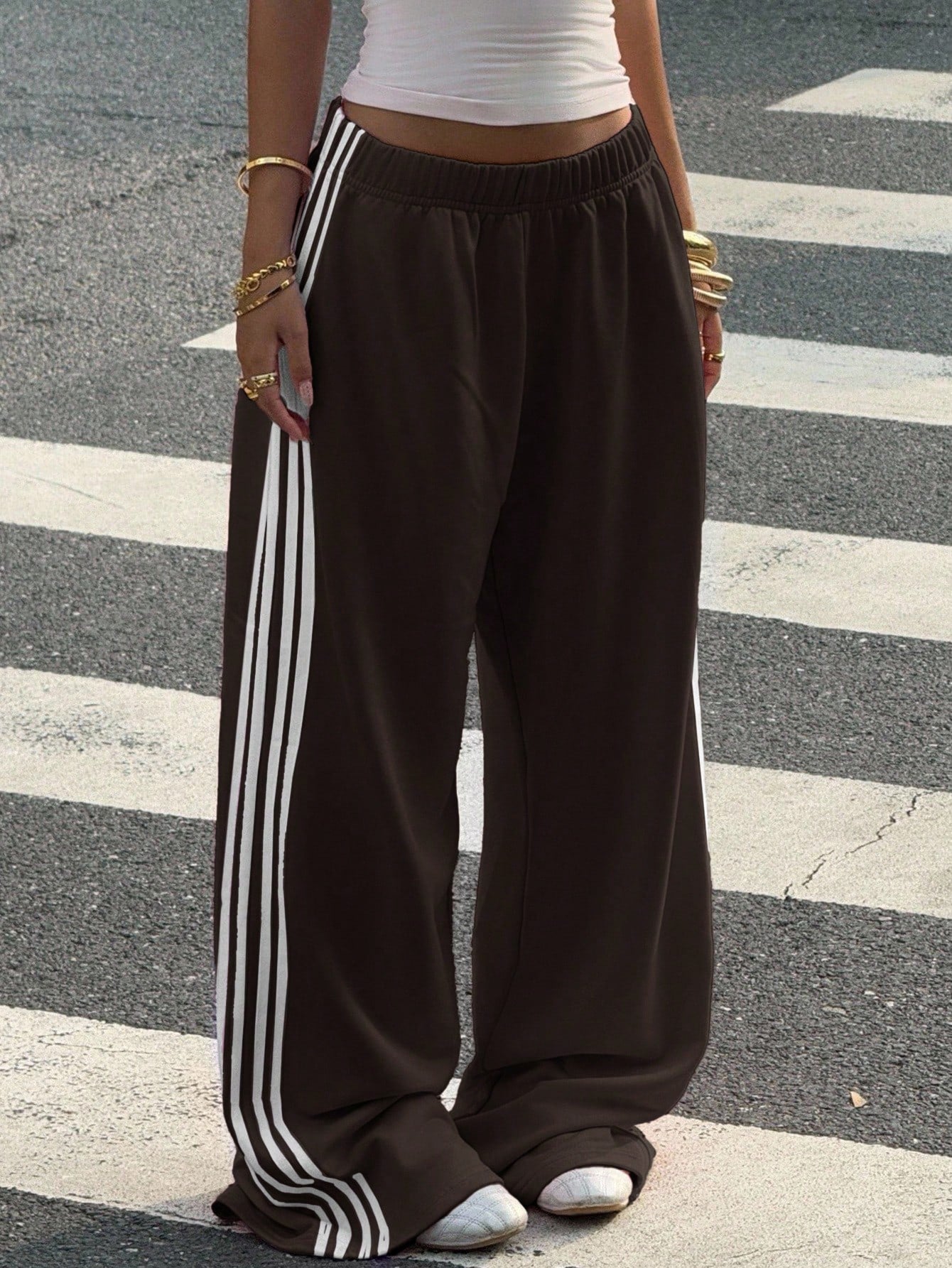 Muchica Women's Chocolate Brown Casual Wide Leg Sweatpants With Side Stripe Detail And Extra Long Knitted Fabric