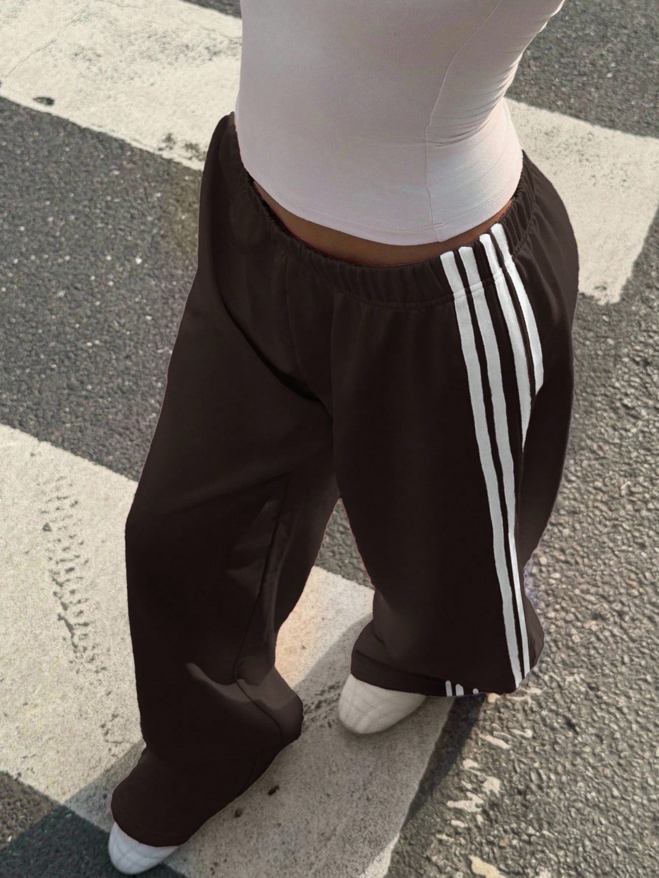 Muchica Women's Chocolate Brown Casual Wide Leg Sweatpants With Side Stripe Detail And Extra Long Knitted Fabric