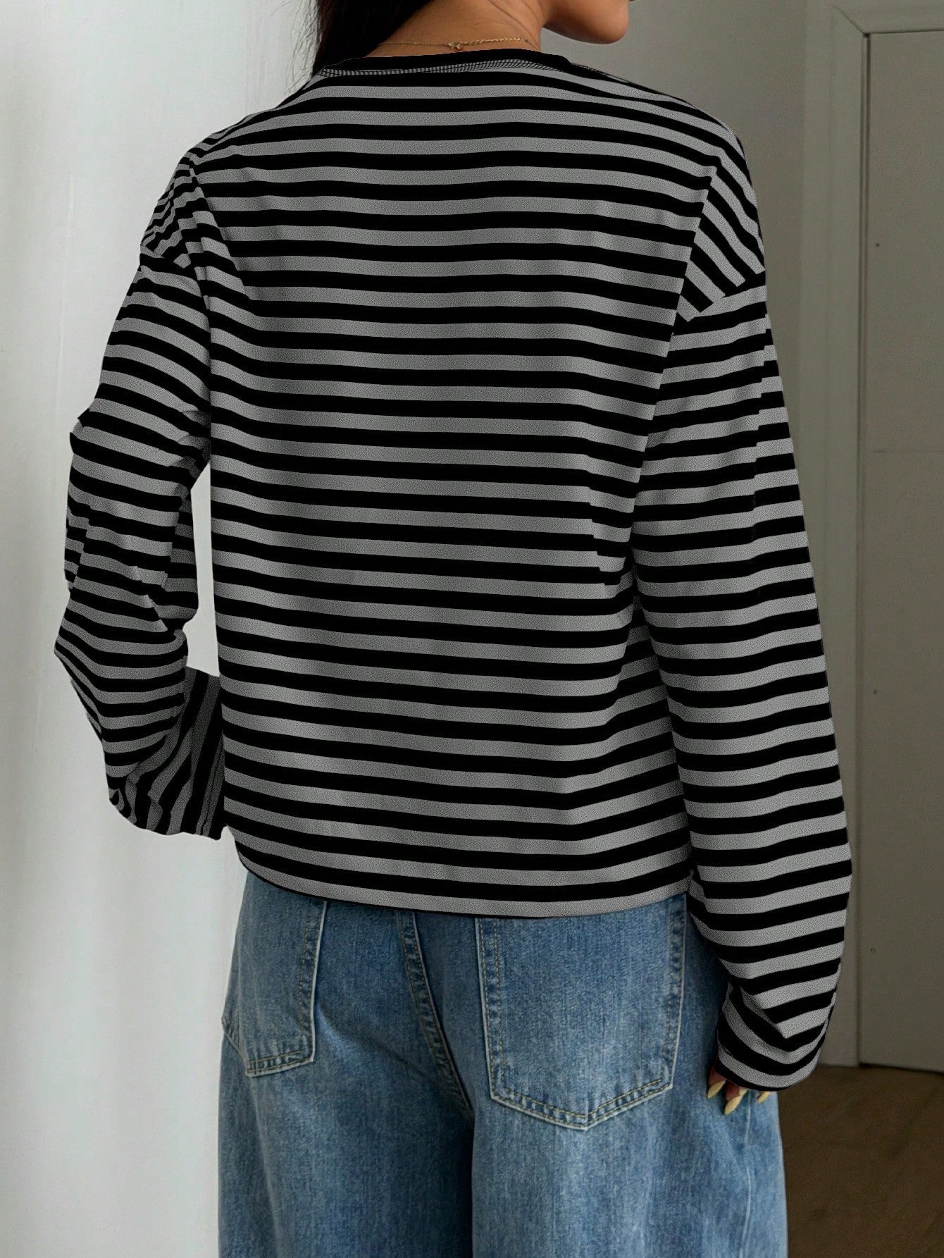 Women's Casual Top, Striped Contrast Ribbed Knit, Everyday Wear, Spring/Autumn