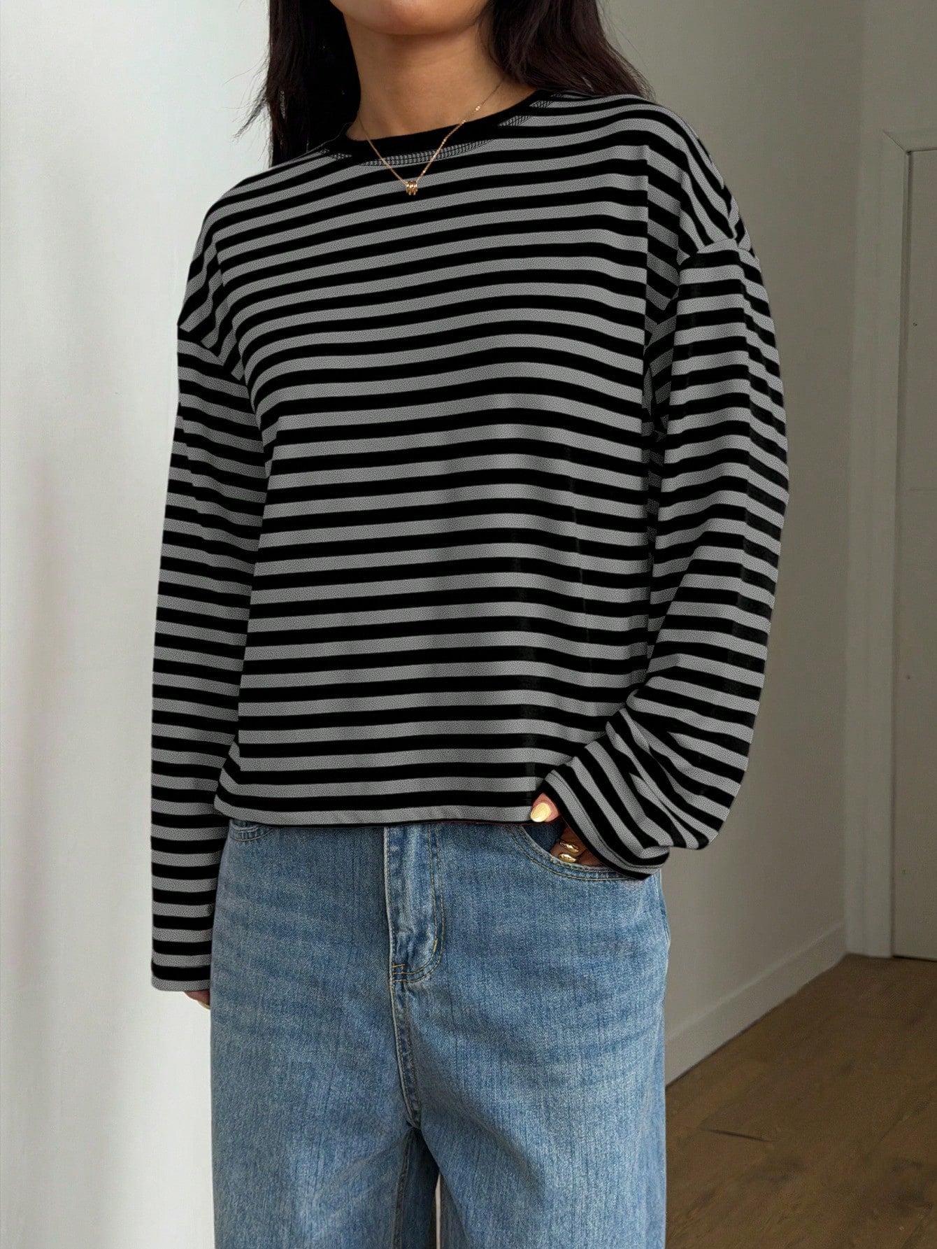 Women's Casual Top, Striped Contrast Ribbed Knit, Everyday Wear, Spring/Autumn